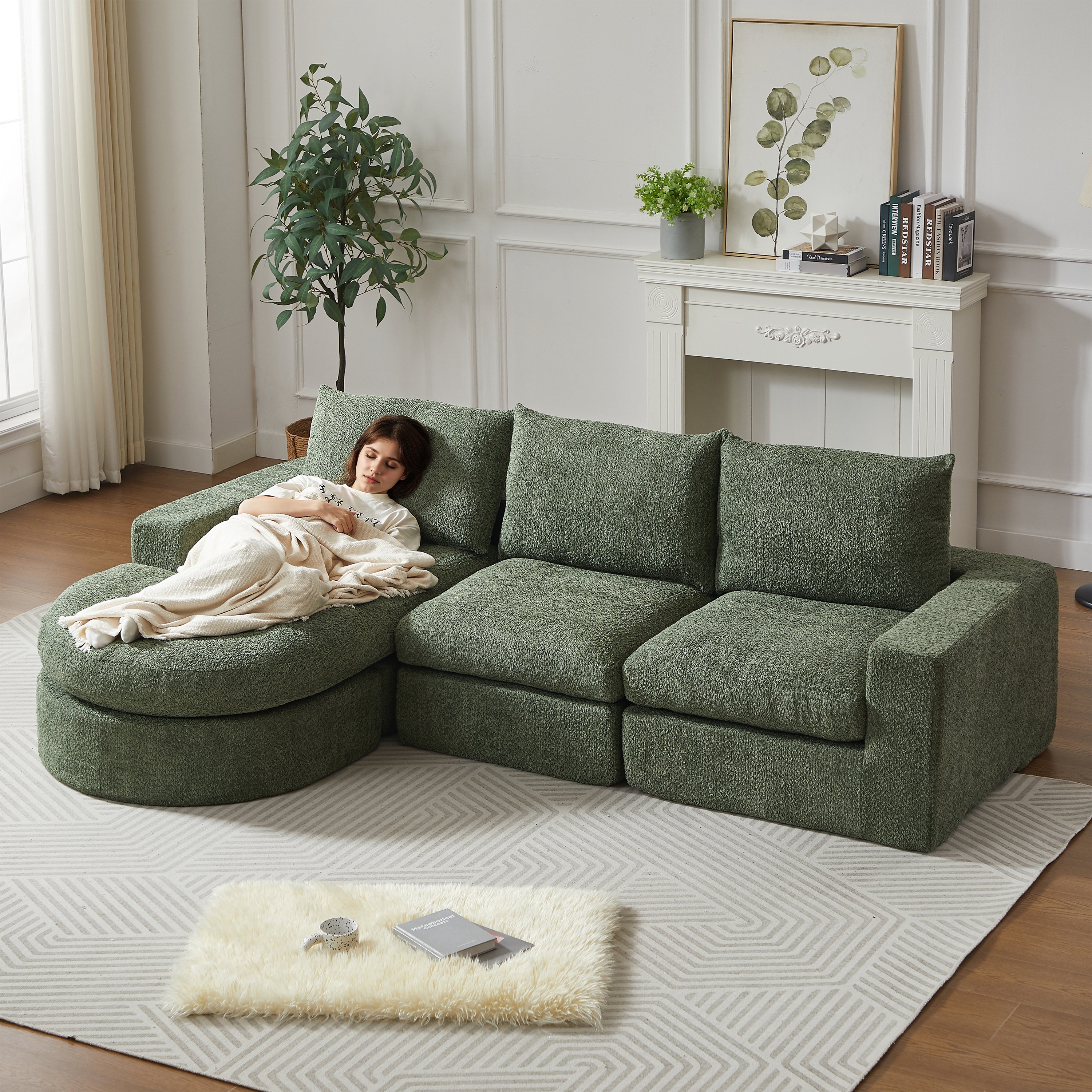 Fauteuil Modulable Vert en Chenille avec Rangement Intégré et Méridienne Réversible pour Salon Contemporain