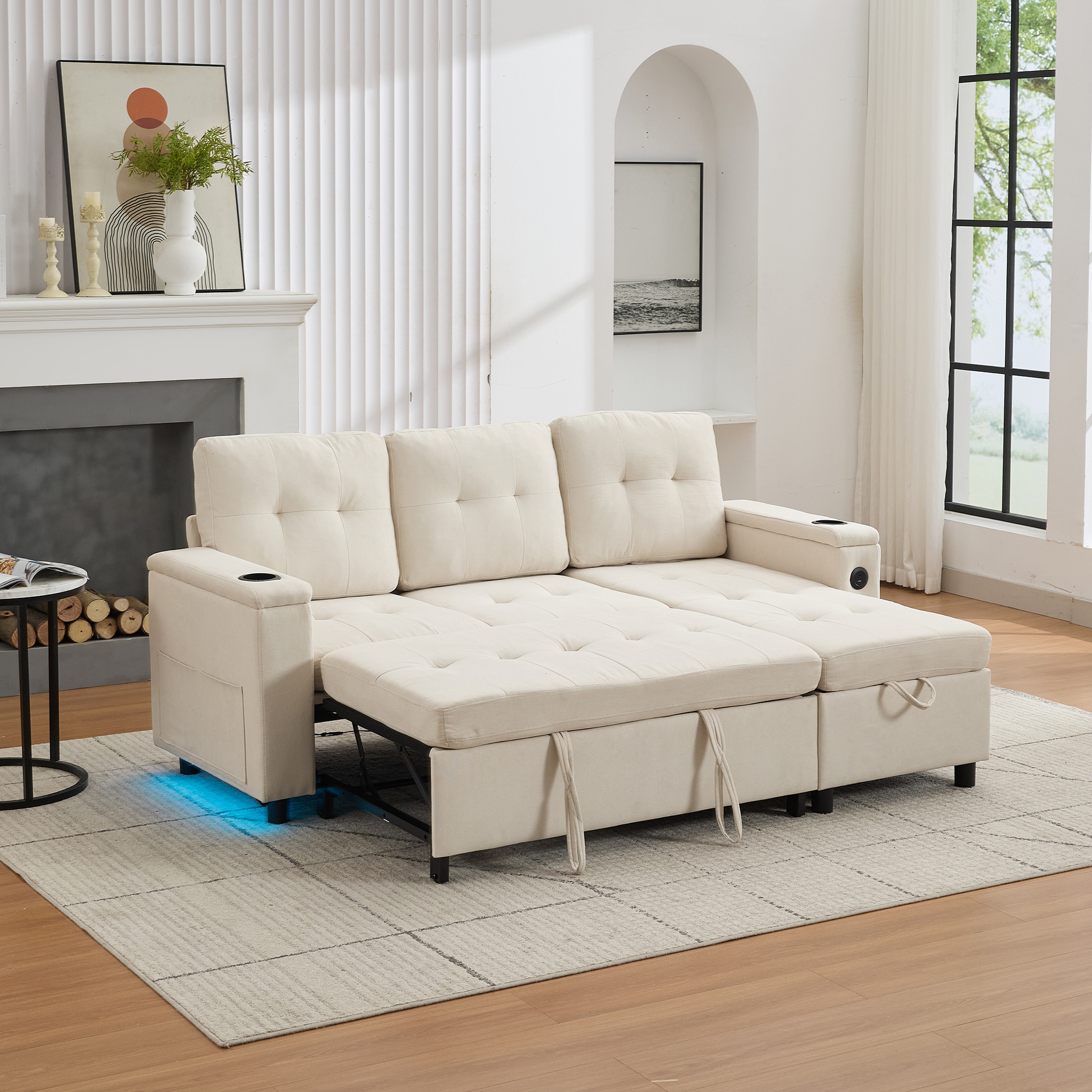 Lit avec rangement 146x208 cm en tissu beige, structure en bois massif avec tiroirs et LED