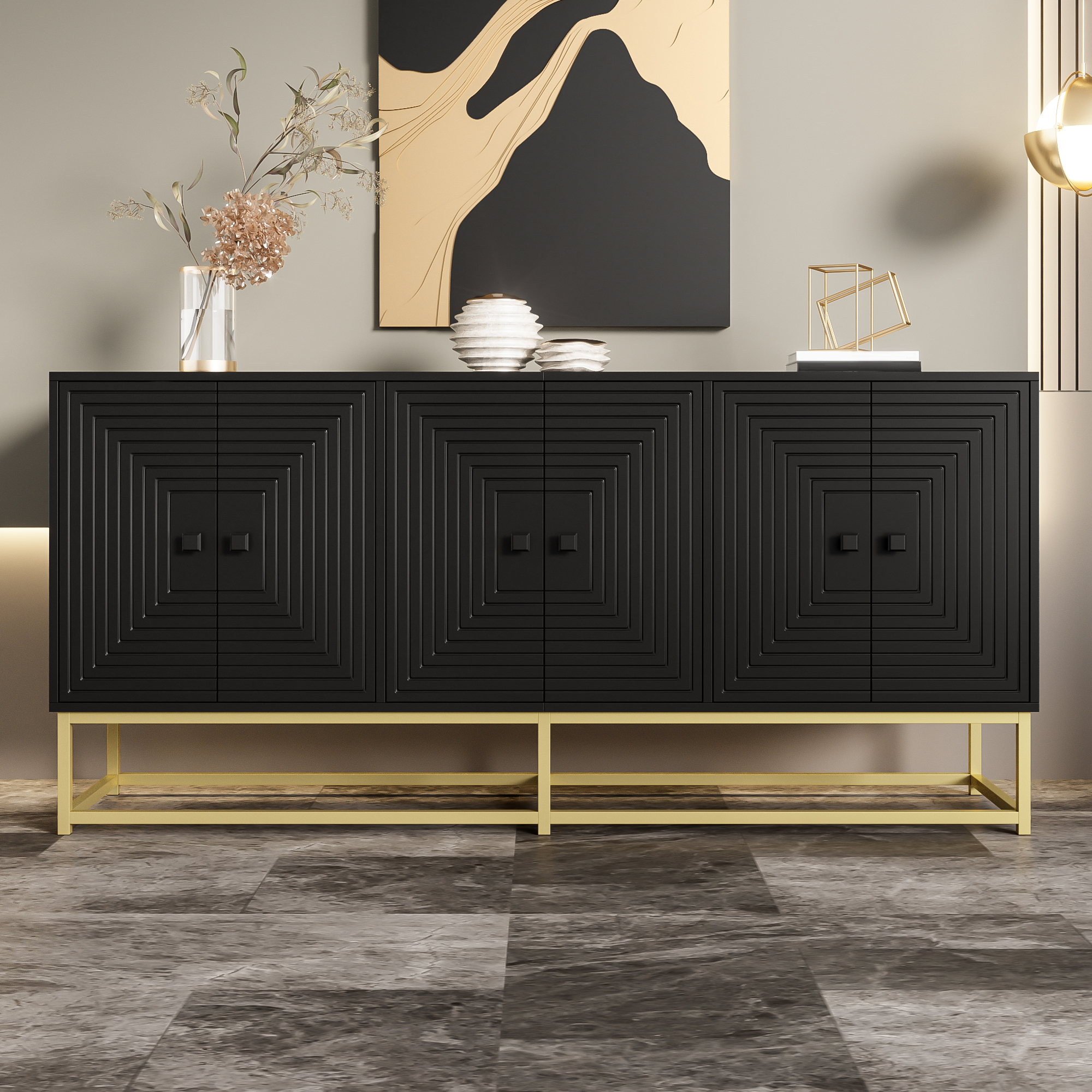 Buffet Noir Mat Panneau de Particules avec 3 Grandes Portes Sans Tiroirs Meuble de Rangement Salon Moderne 160x38x75,5 cm