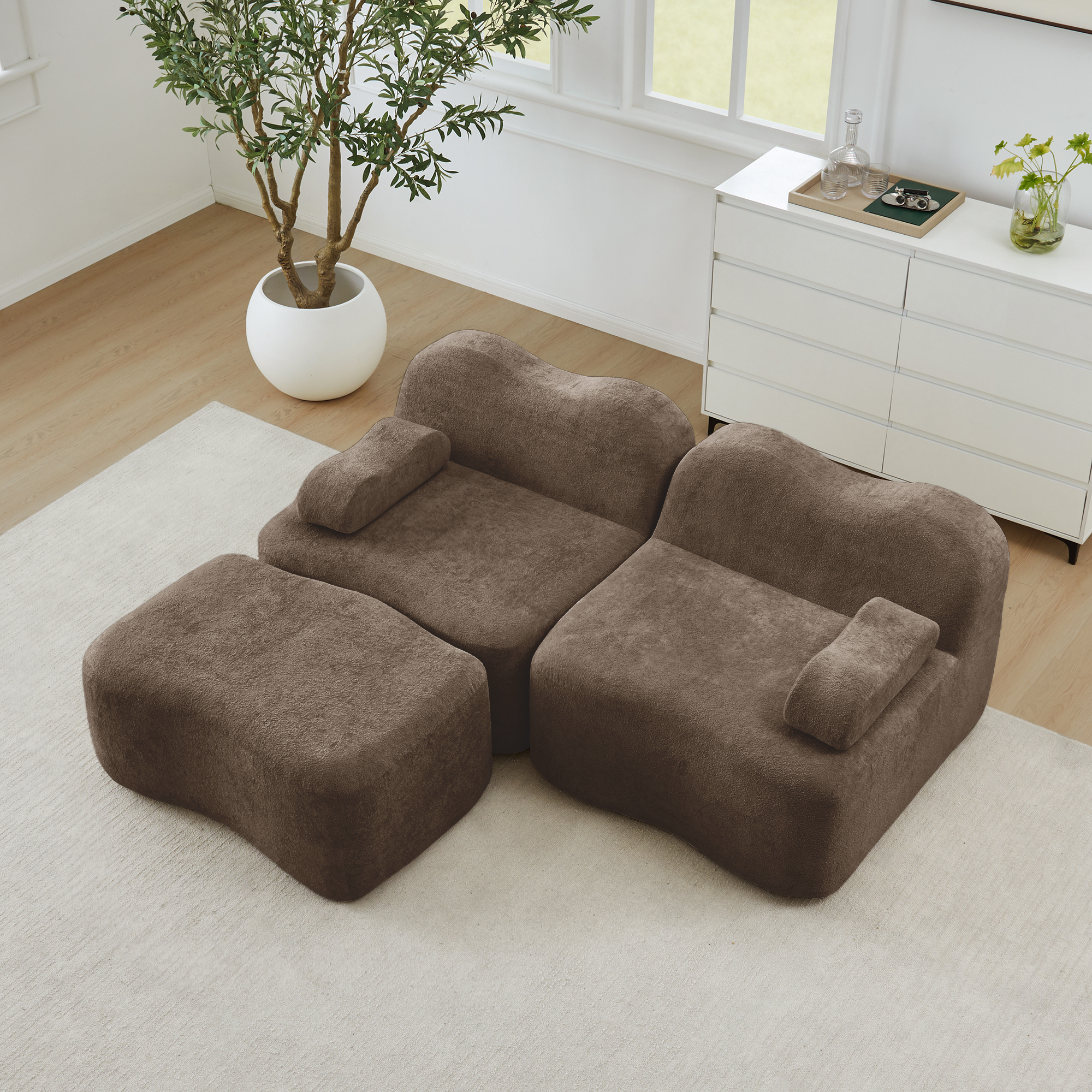 Canapé Modulable 2 Places En Velours Marron, Canapé D'angle Sans Dossier Avec Ottoman Et Rangement Intégré Pour Salon Moderne