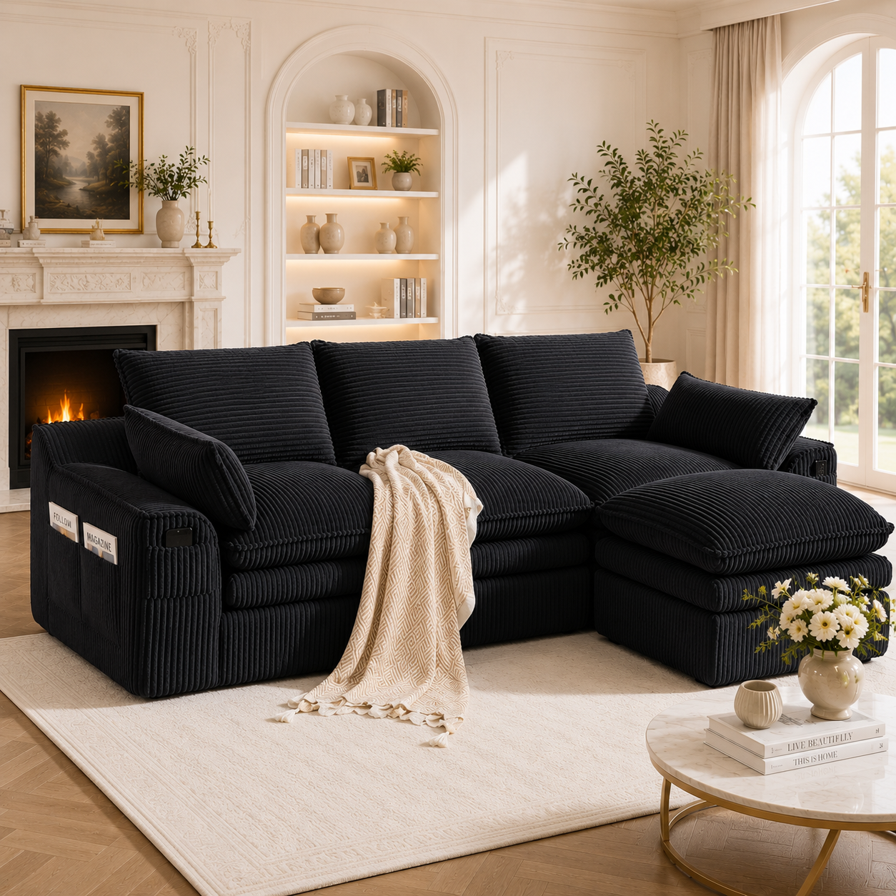 Canapé modulable 3 places pour salon et bureau, velours côtelé noir avec poches latérales et pouf