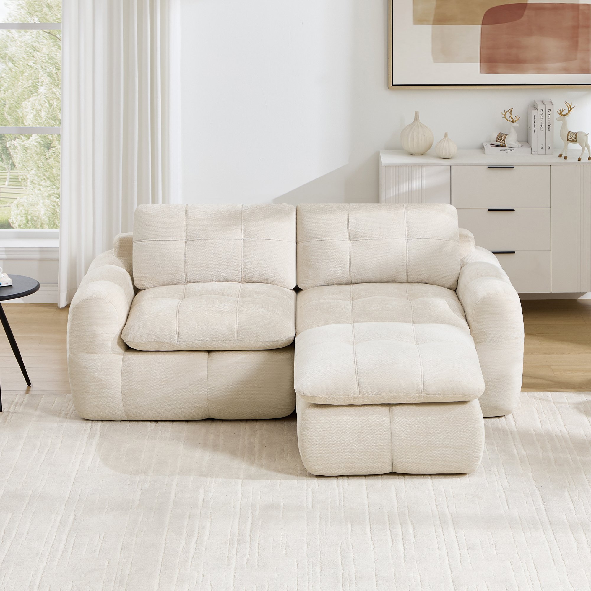Canapé 2 places 194x160x68 cm, format L sans cadre, revêtement chenille beige, capacité 550 kg, livré en 3 colis, prêt à l'emploi