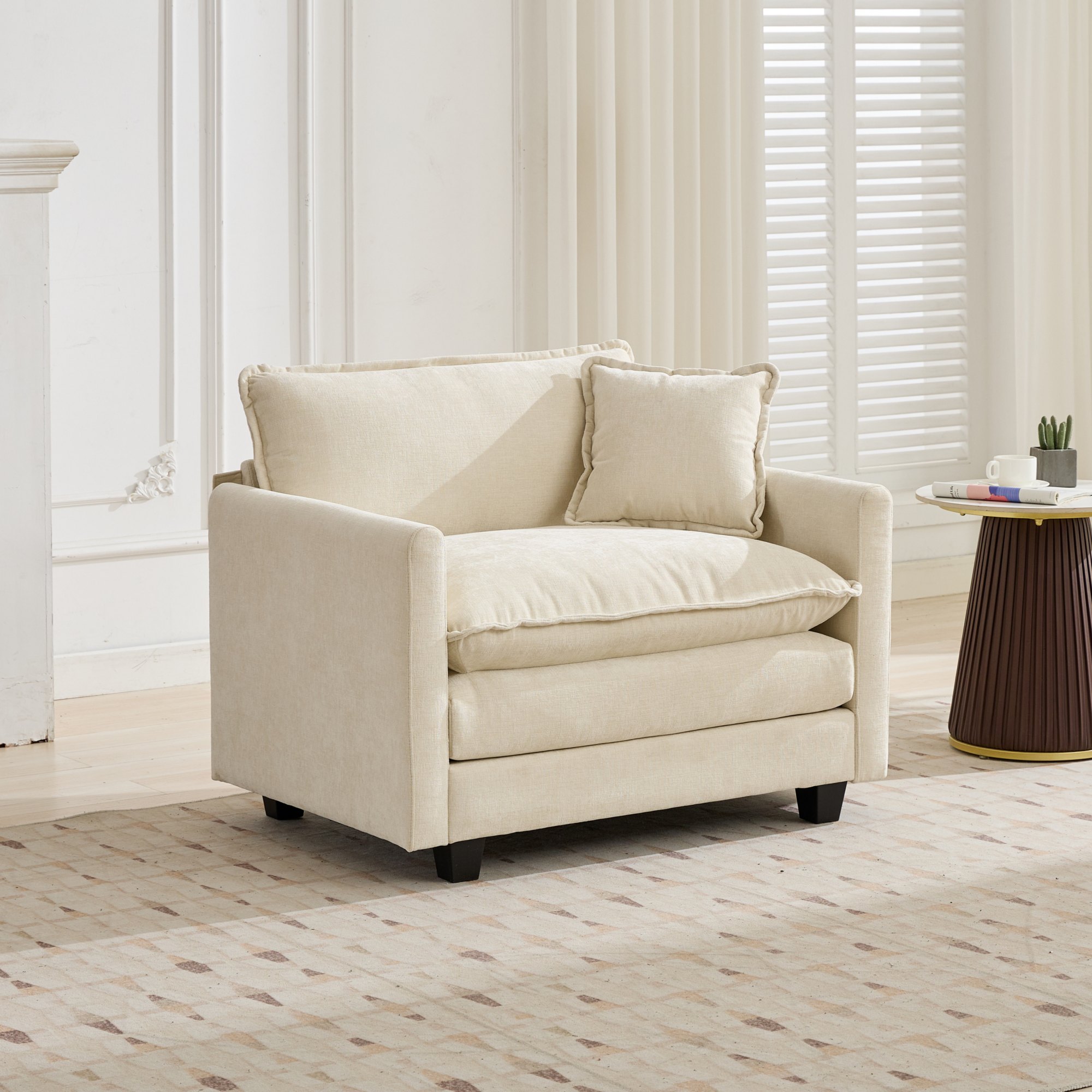 Canapé 1 place en tissu chenille beige, coussin double couche et structure rembourrée moelleuse