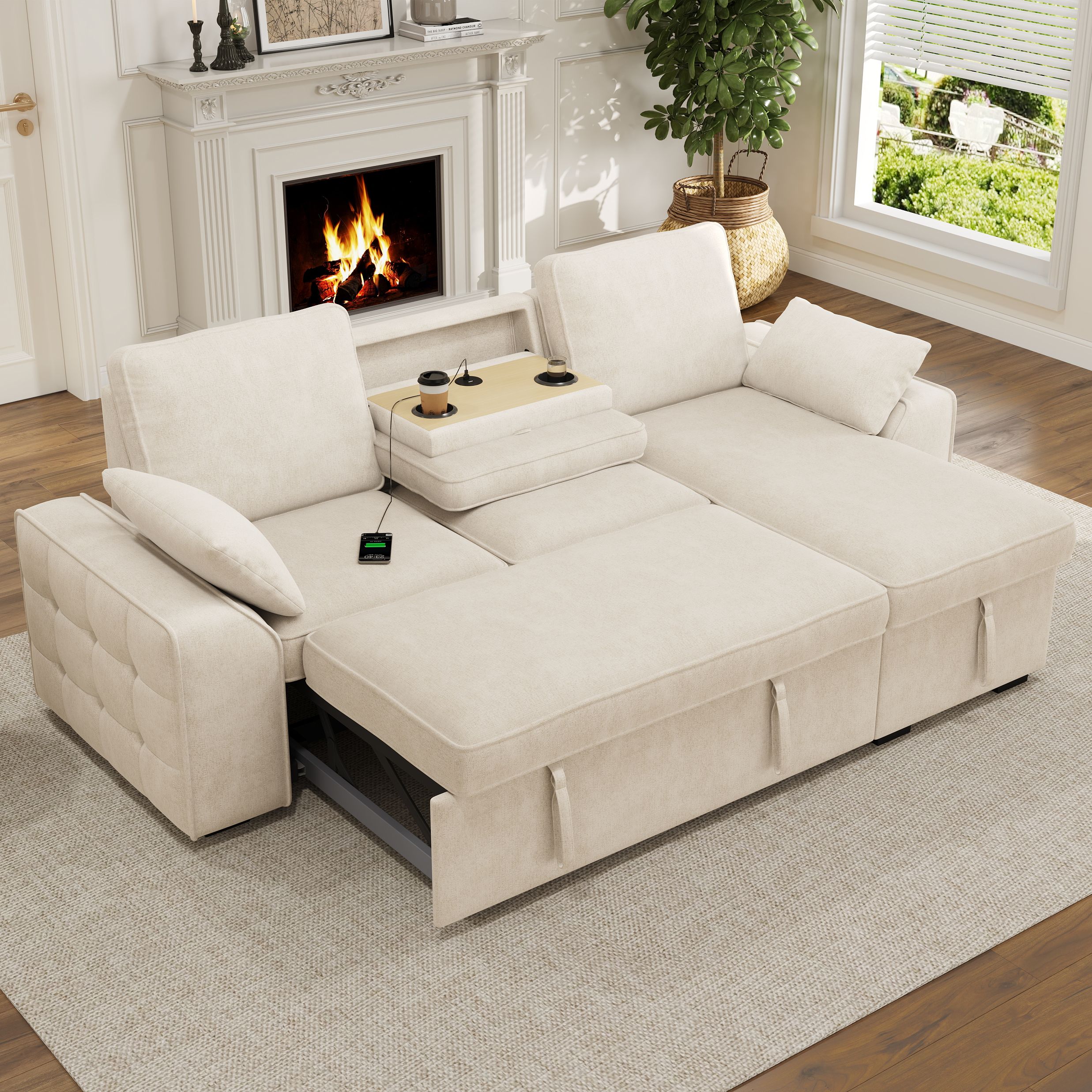 Grand canapé d'angle convertible beige chenille avec table USB, porte-gobelets, rangement caché et dossiers réglables pour salon