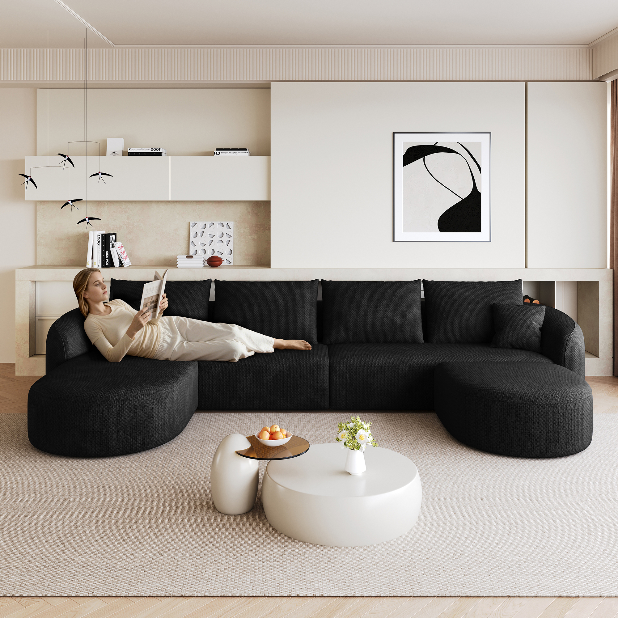 Canapé modulable d'angle en U 336x168cm, structure sans bois, revêtement tissu noir, design contemporain pour salon
