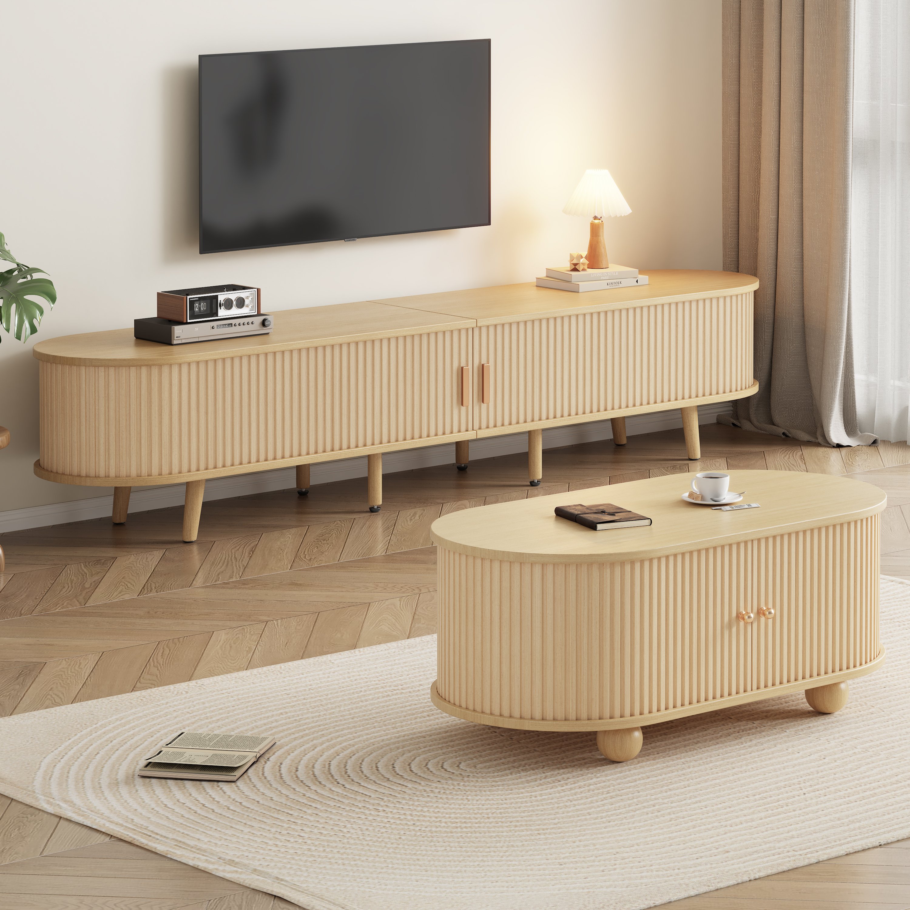 Meuble TV avec Double Tiroir et Porte Coulissante Table Basse Rangement Ouvert Ajustable