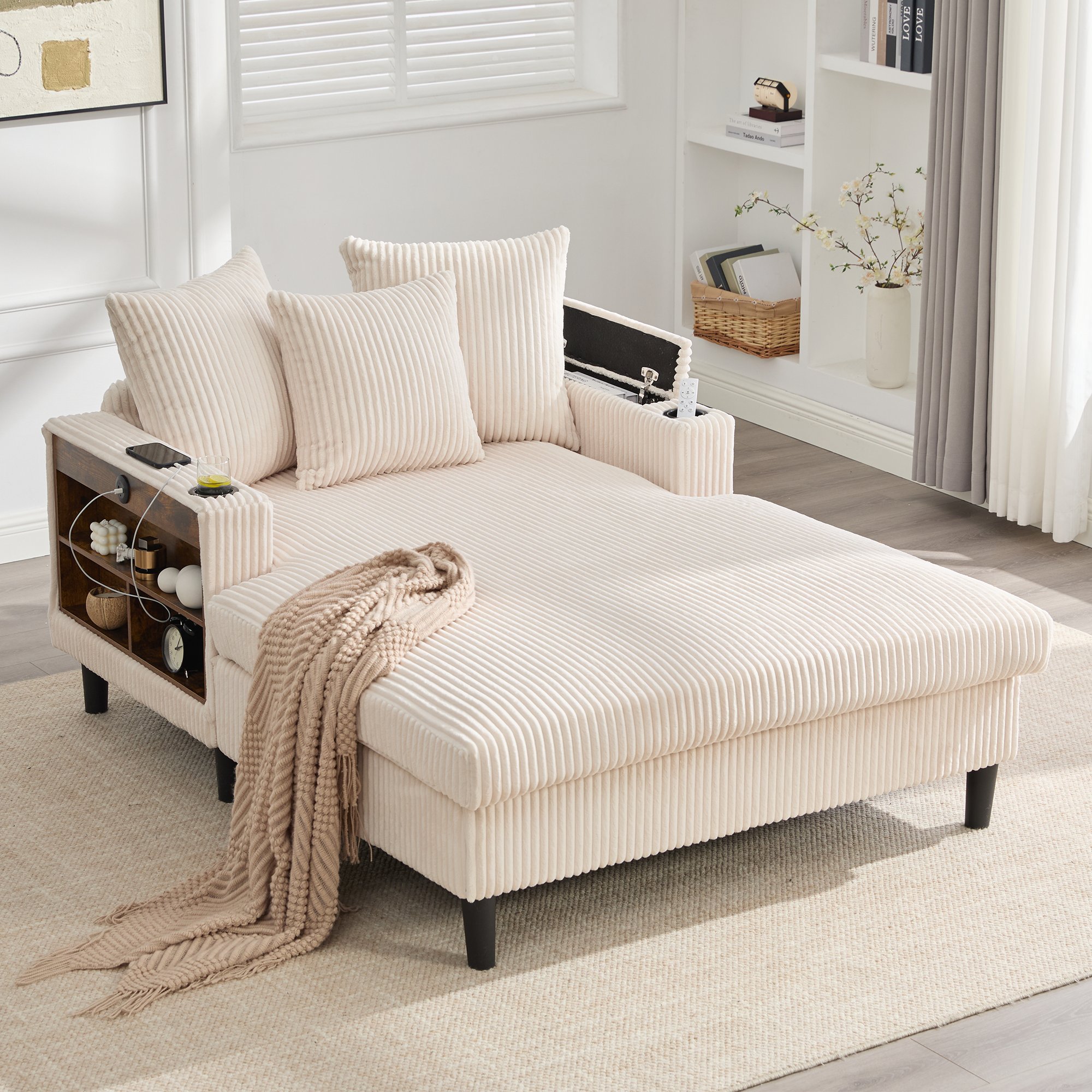 Canapé convertible en velours côtelé beige, structure stable avec pieds en plastique et rangement intégré