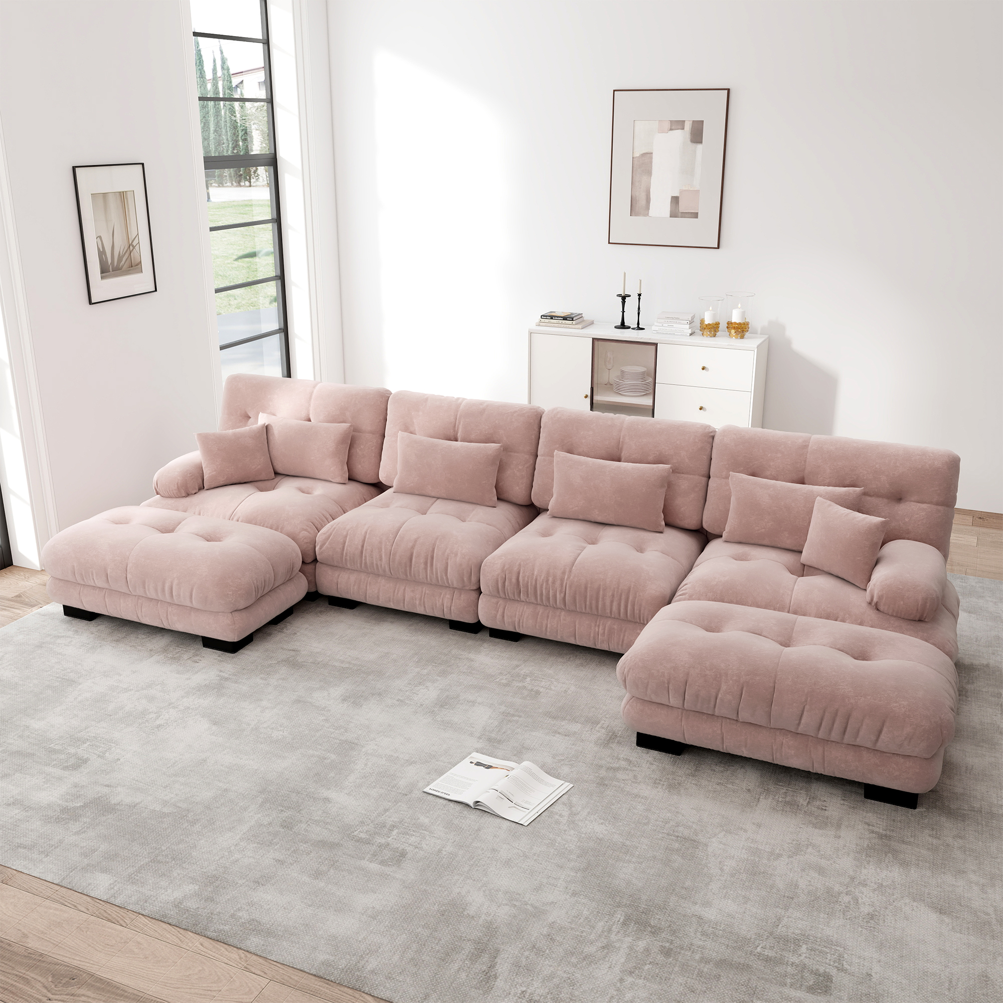 Canapé d'angle 4 places en chenille rose avec coussins et ottoman mobile assorti pour salon