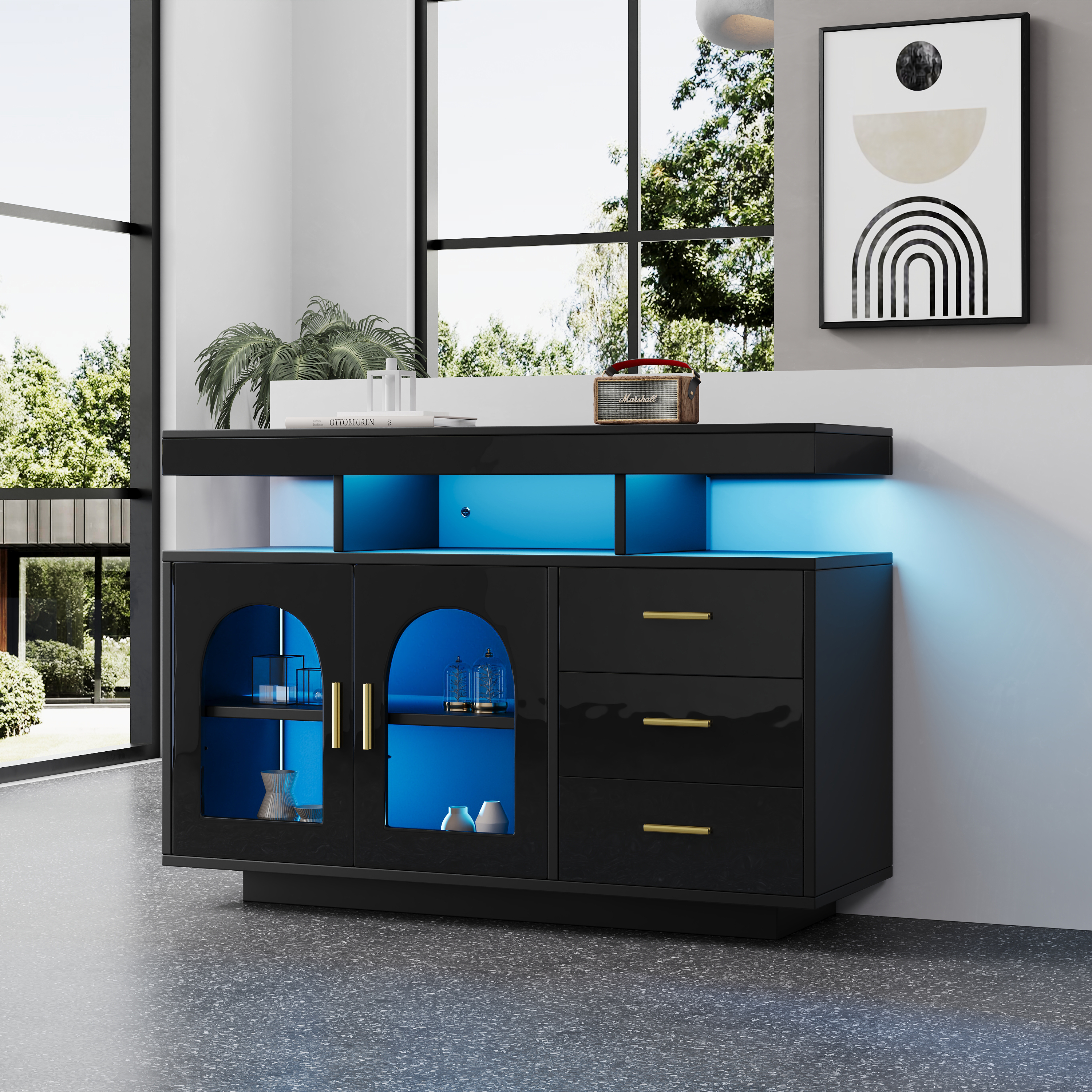 Buffet de cuisine avec LED connectée par application, 120x40x80 cm, meuble bar noir brillant à 3 tiroirs et portes acrylique