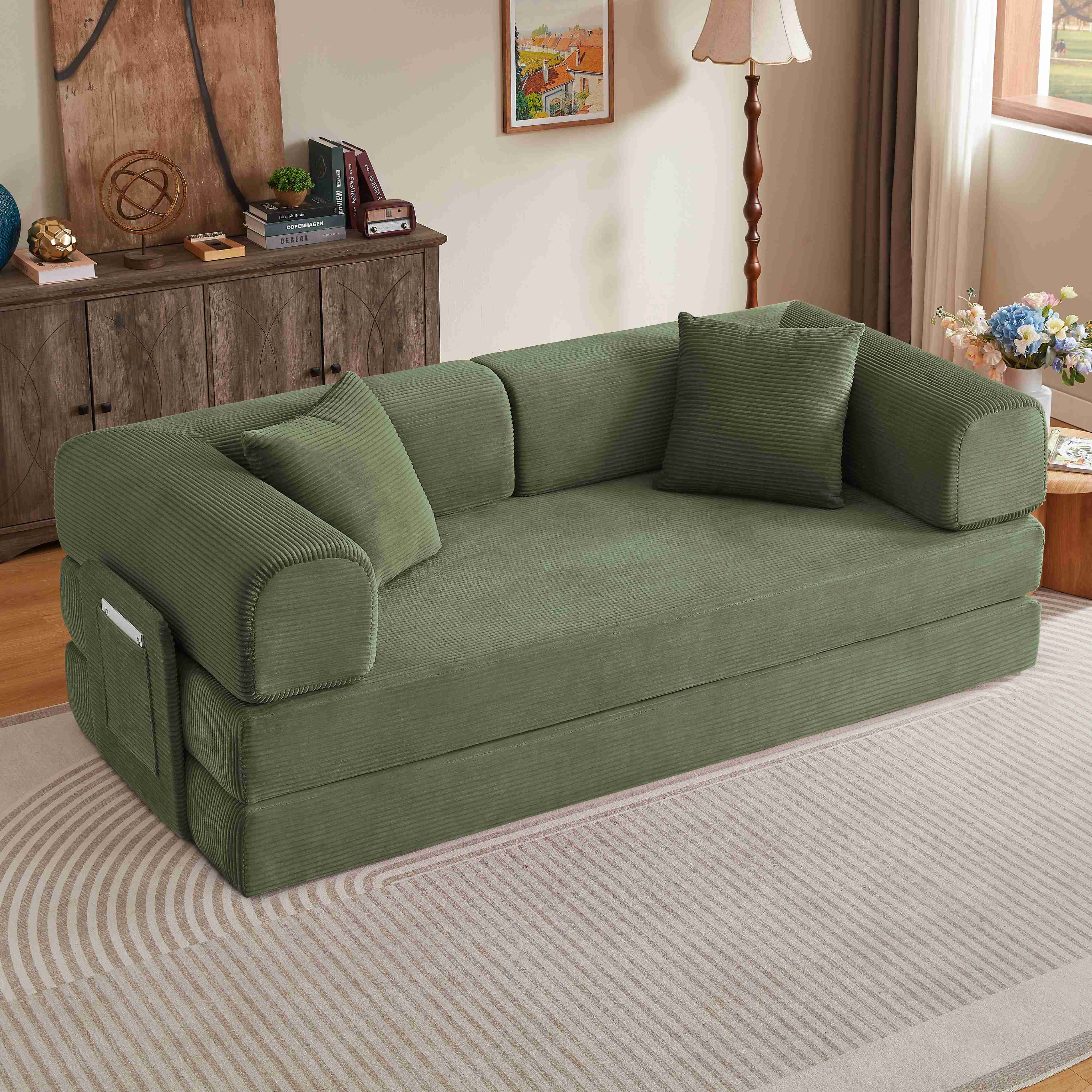 Canapé-lit sans dossier style tatami vert en tissu côtelé avec structure acier chromé et 2 coussins inclus pour salon ou chambre