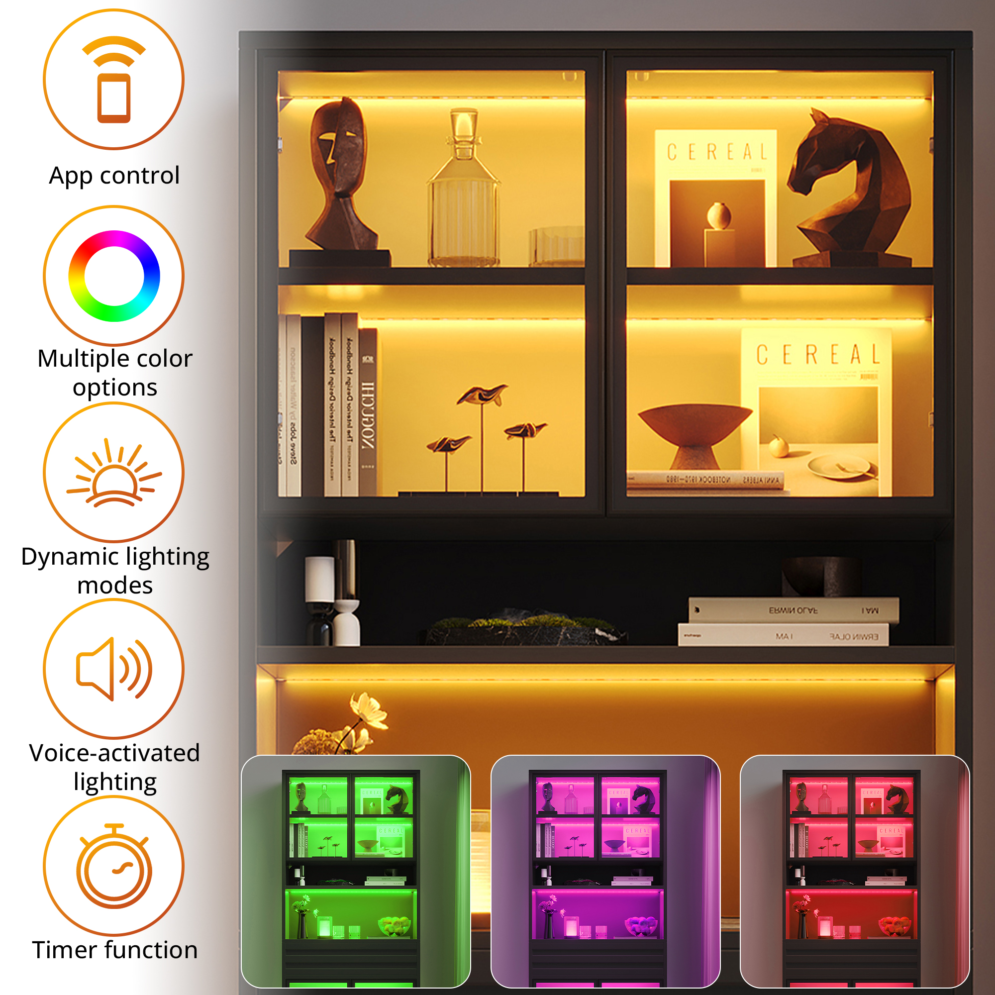 Vitrine Panneau composite de fibres de bois à densité Noir 80x35x200 cm, Meuble à 4 Portes en Verre avec Tiroir Intégré et Éclairage LED RGB Connecté par App
