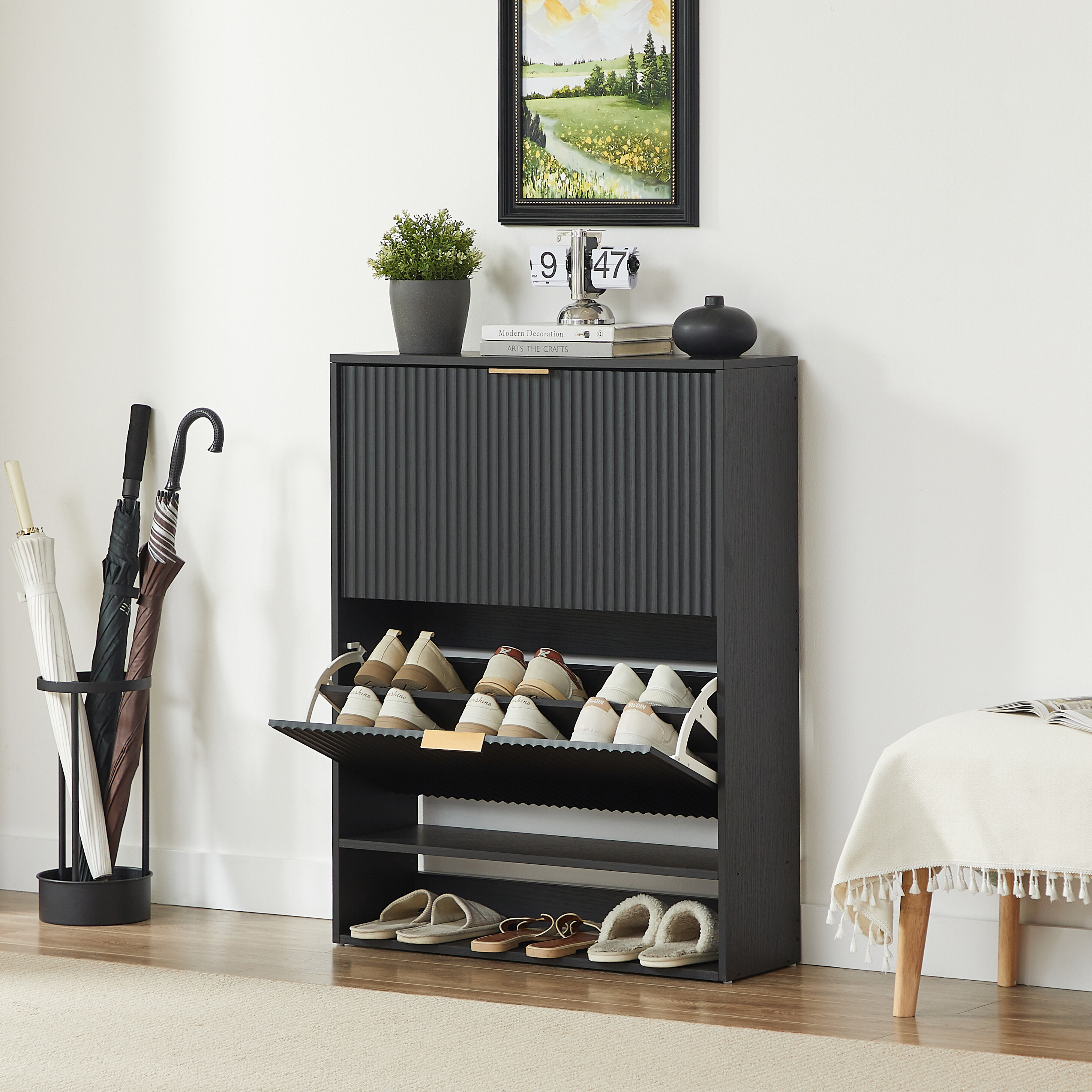 Meuble à chaussures 80x24x102 cm Noir, Placard Entrée Panneau composite de fibres de bois à densité avec Porte Abattante et Surface Déco