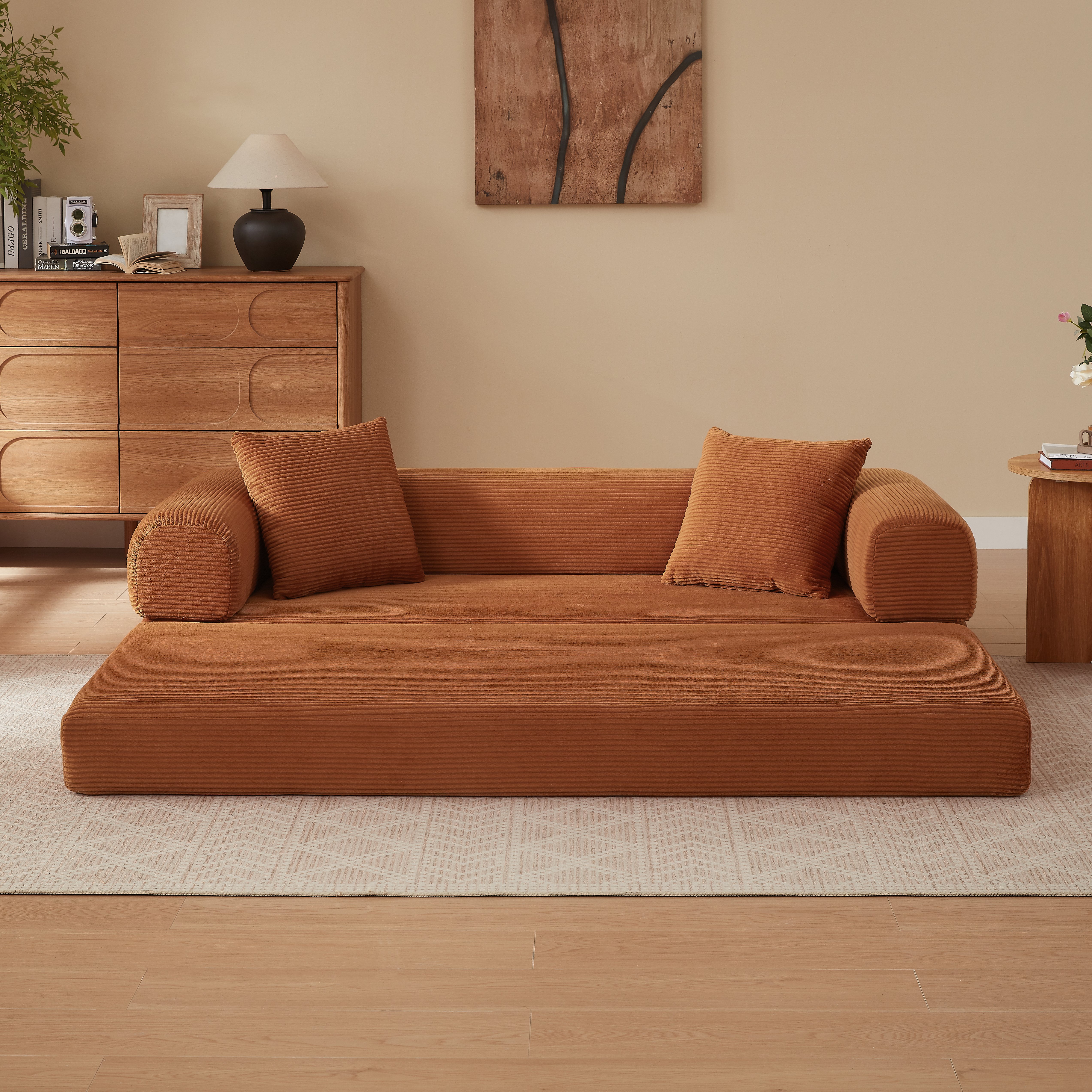 Canapé convertible 1 place Terracotta - Canapé-lit compact avec revêtement en velours et structure modulaire pour salon ou chambre
