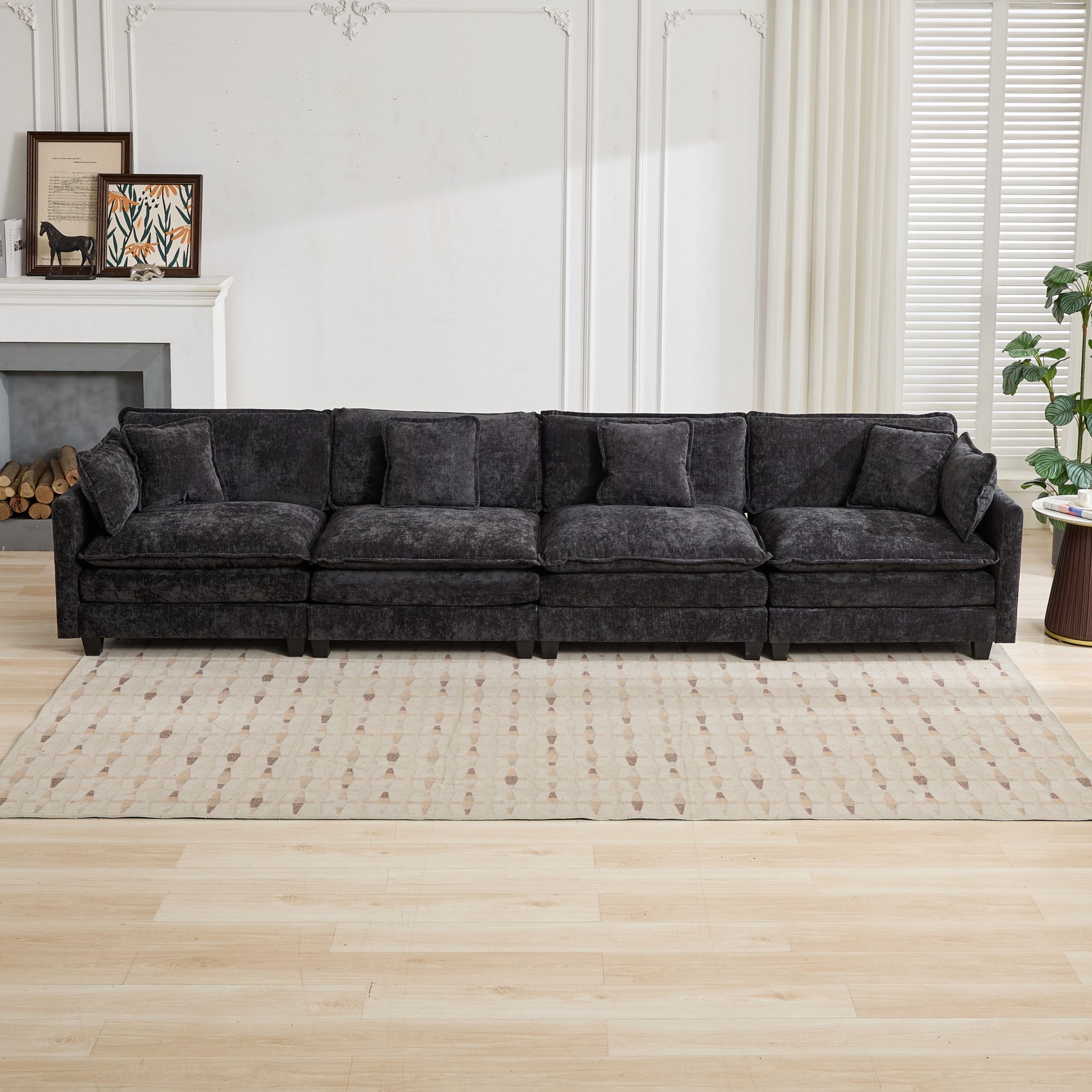 Canapé 4 places modulable et confortable, coussin d'assise double couche en chenille respirante noire