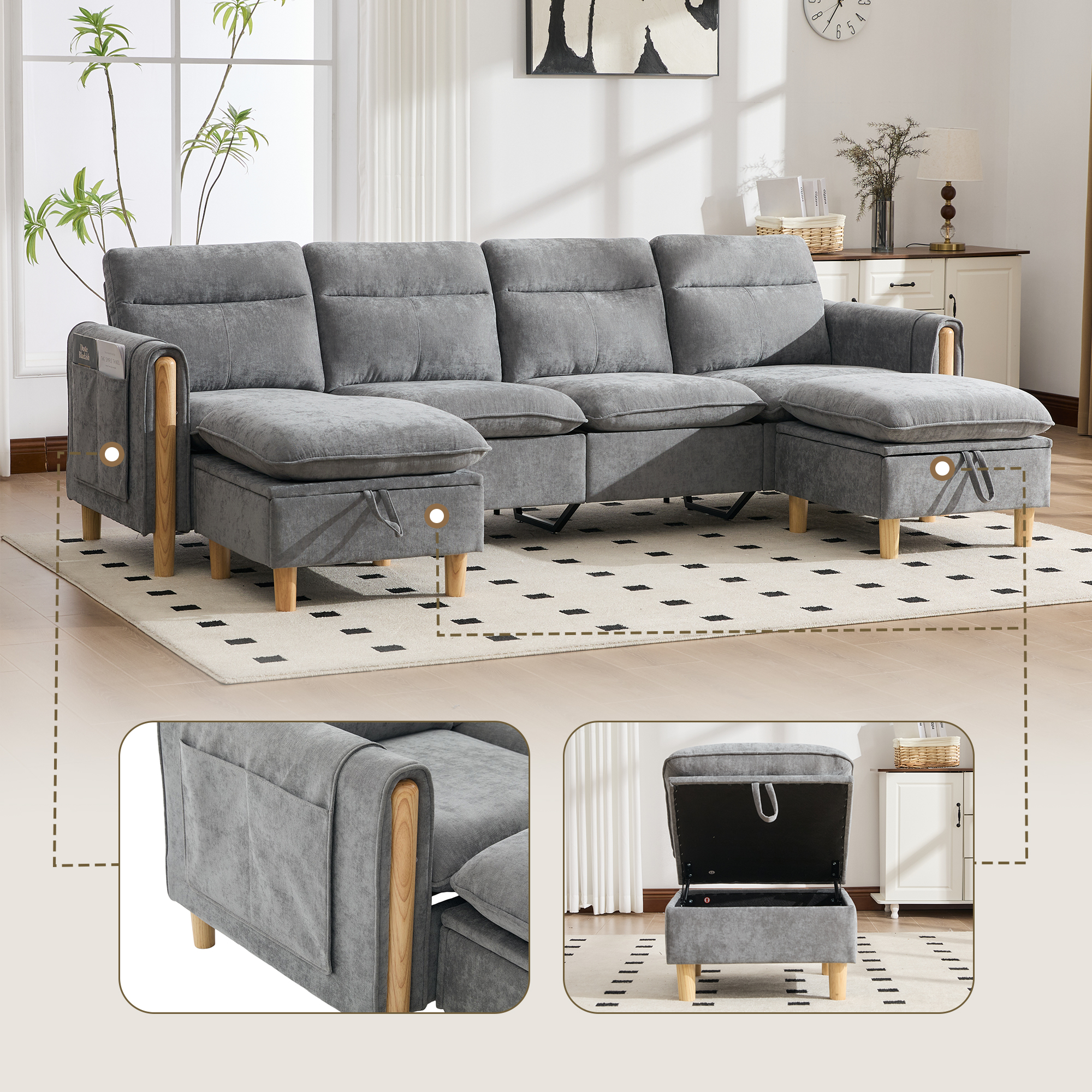 Canapé en U 4 places modulable avec 2 poufs à rangement dissimulé et poches latérales sur accoudoirs