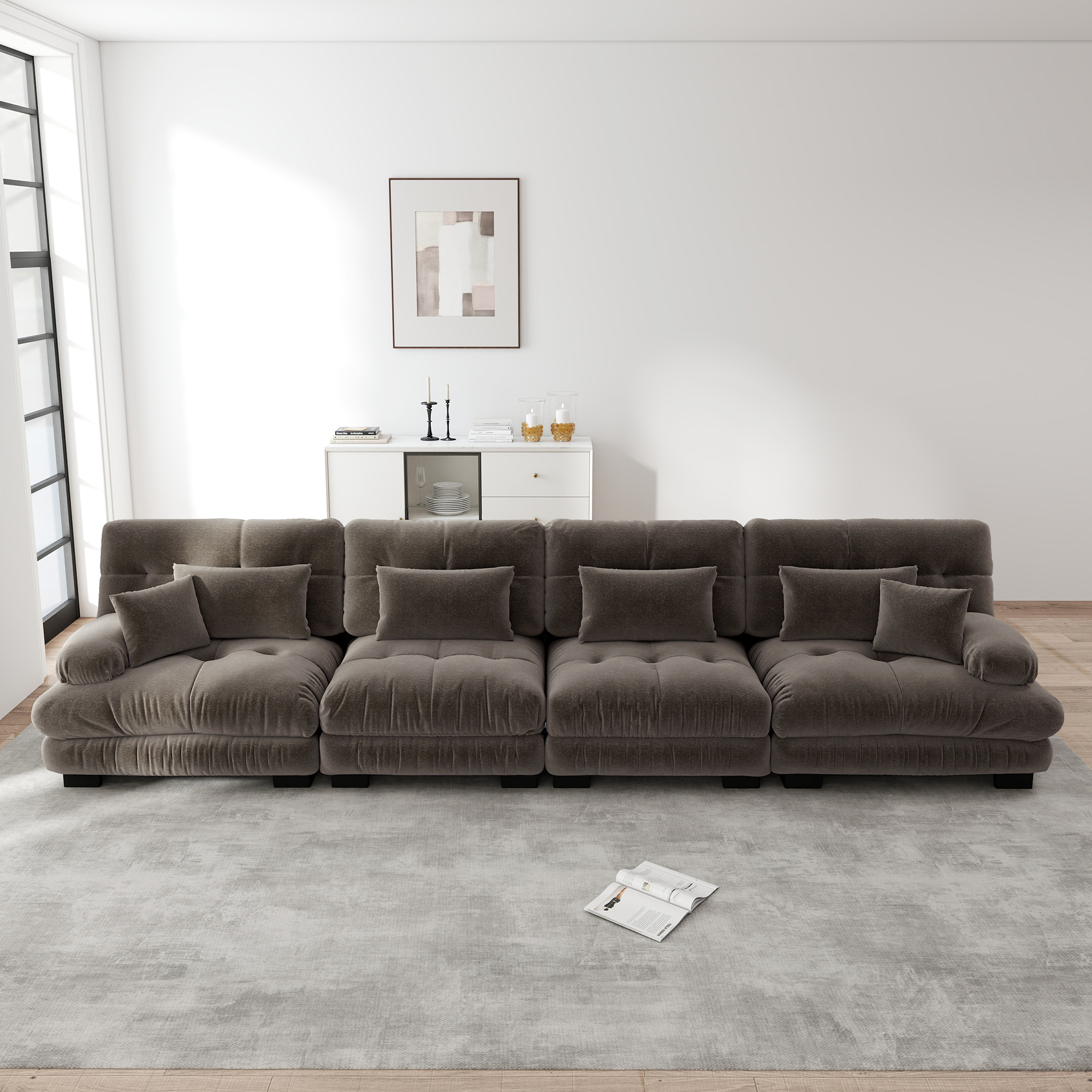 Canapé d'angle modulable 4 places en tissu Chenille marron, canapé salon profond et rembourré pour intérieur moderne