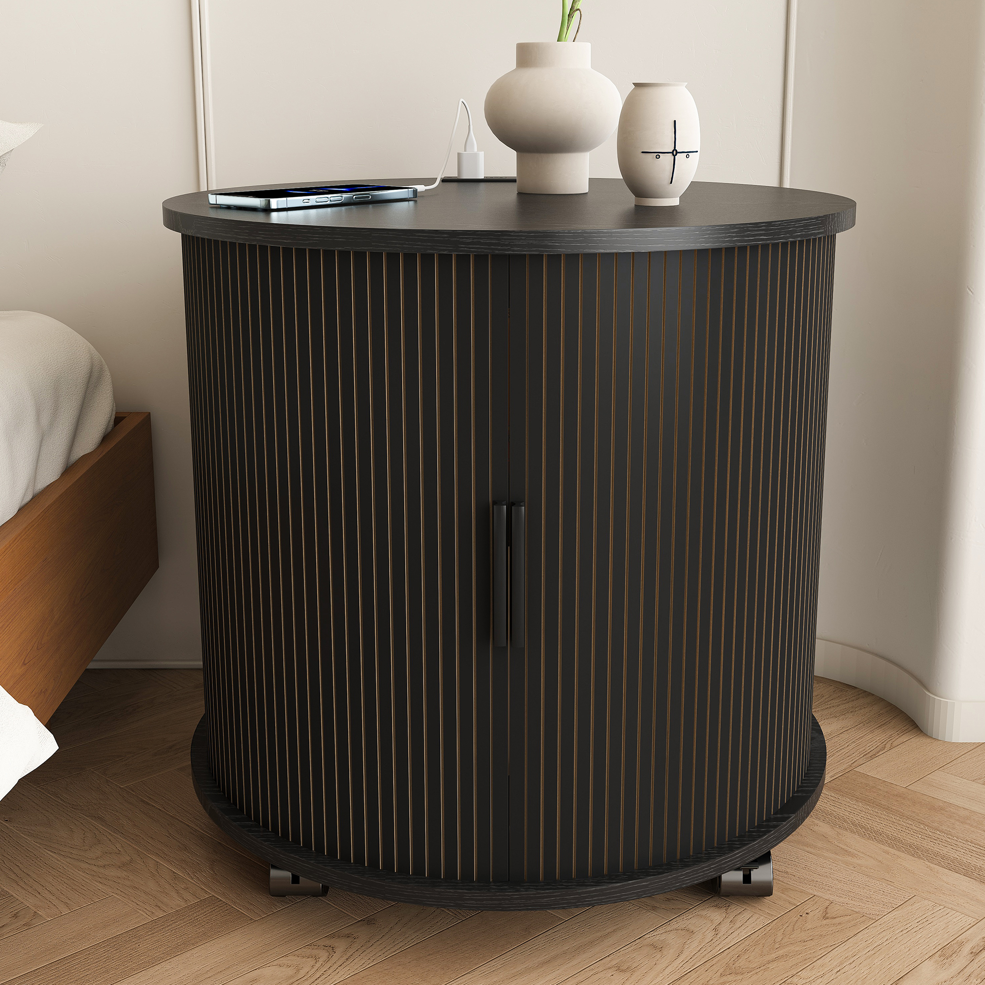 Meuble nuit rond 60x60x60 cm, Table de chevet compacte avec Tiroir intégré et Prise électrique, Design Mid-Century