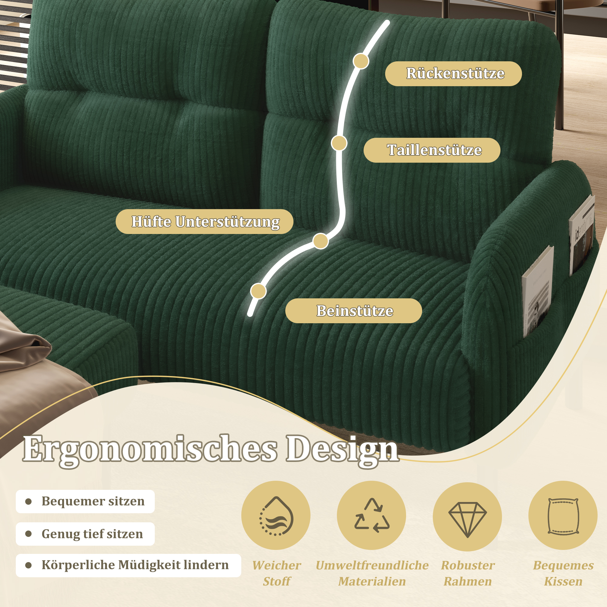 Canapé 2 places 120x75x79 cm en velours côtelé vert émeraude avec fauteuil et pouf inclus et poches latérales
