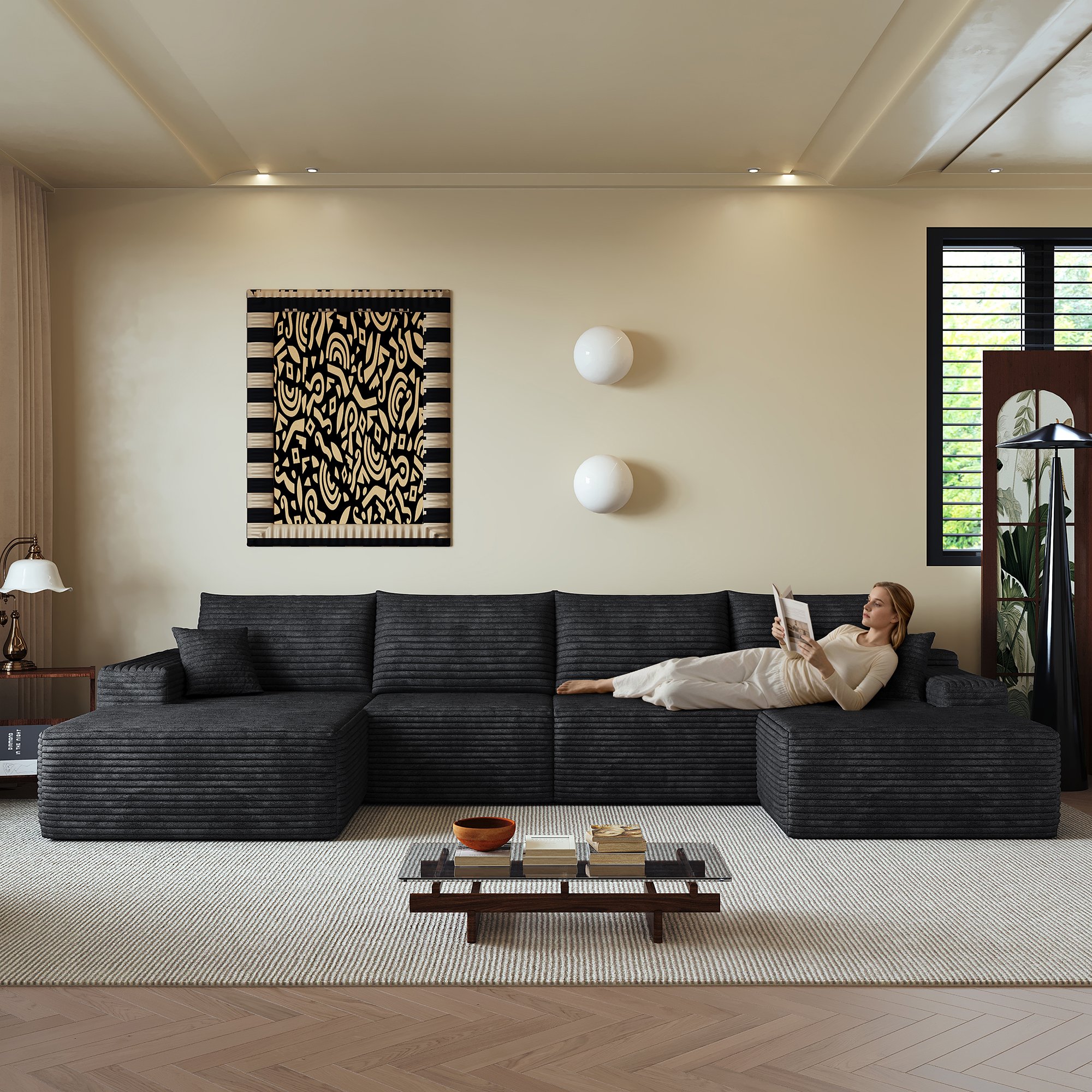 Canapé d'angle noir 340x175cm en velours côtelé, structure modulaire sans montage avec chaise longue profonde pour salon moderne