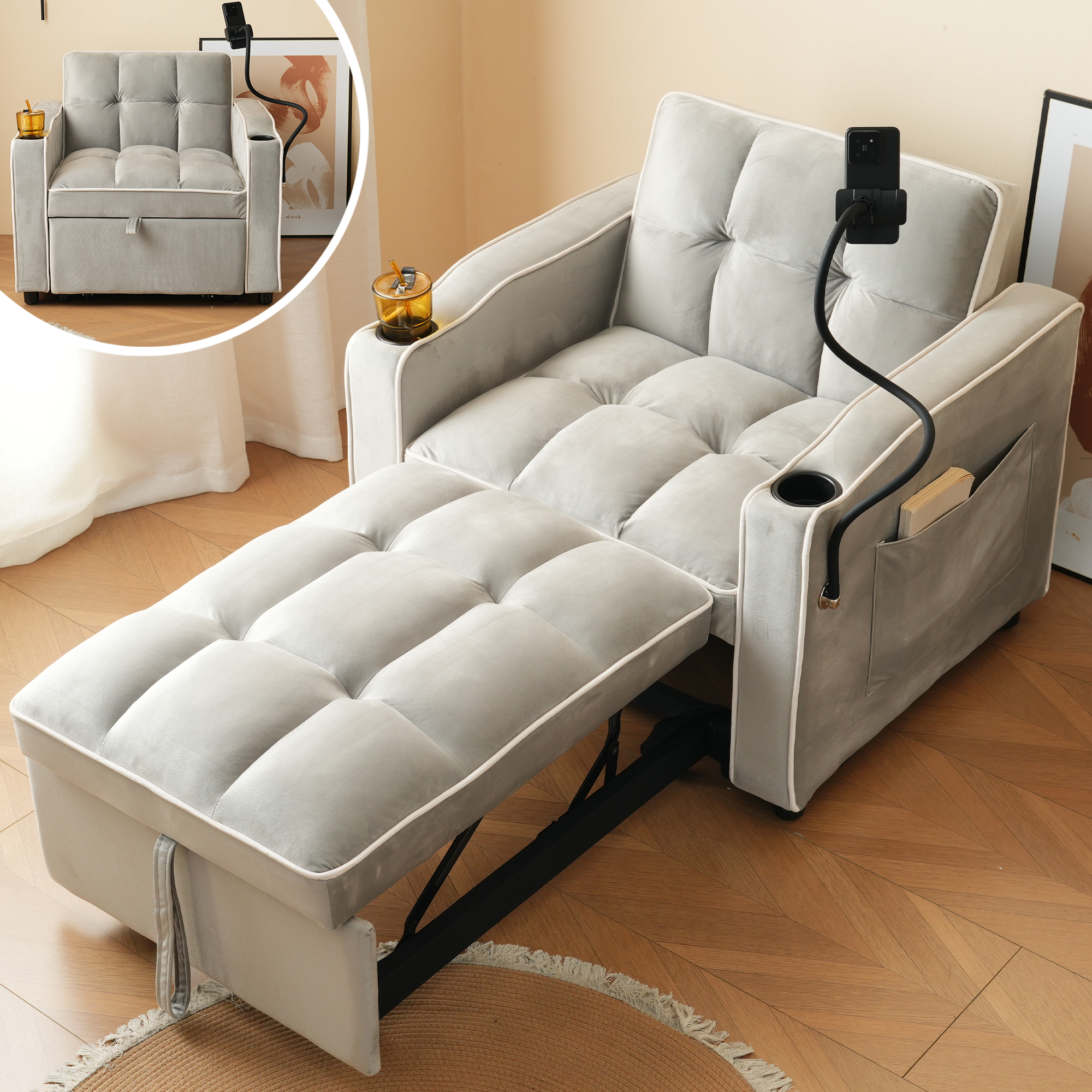 Fauteuil Convertible 1 Place avec Tiroir de Rangement Intégré et Poche Latérale Velours Doux Gris pour Salon Studio