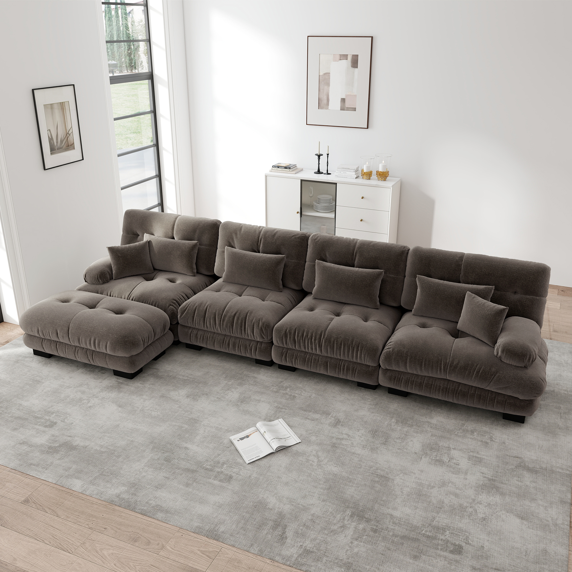 Canapé d'angle modulable 4 places en tissu chenille marron avec ottoman mobile pour salon moderne