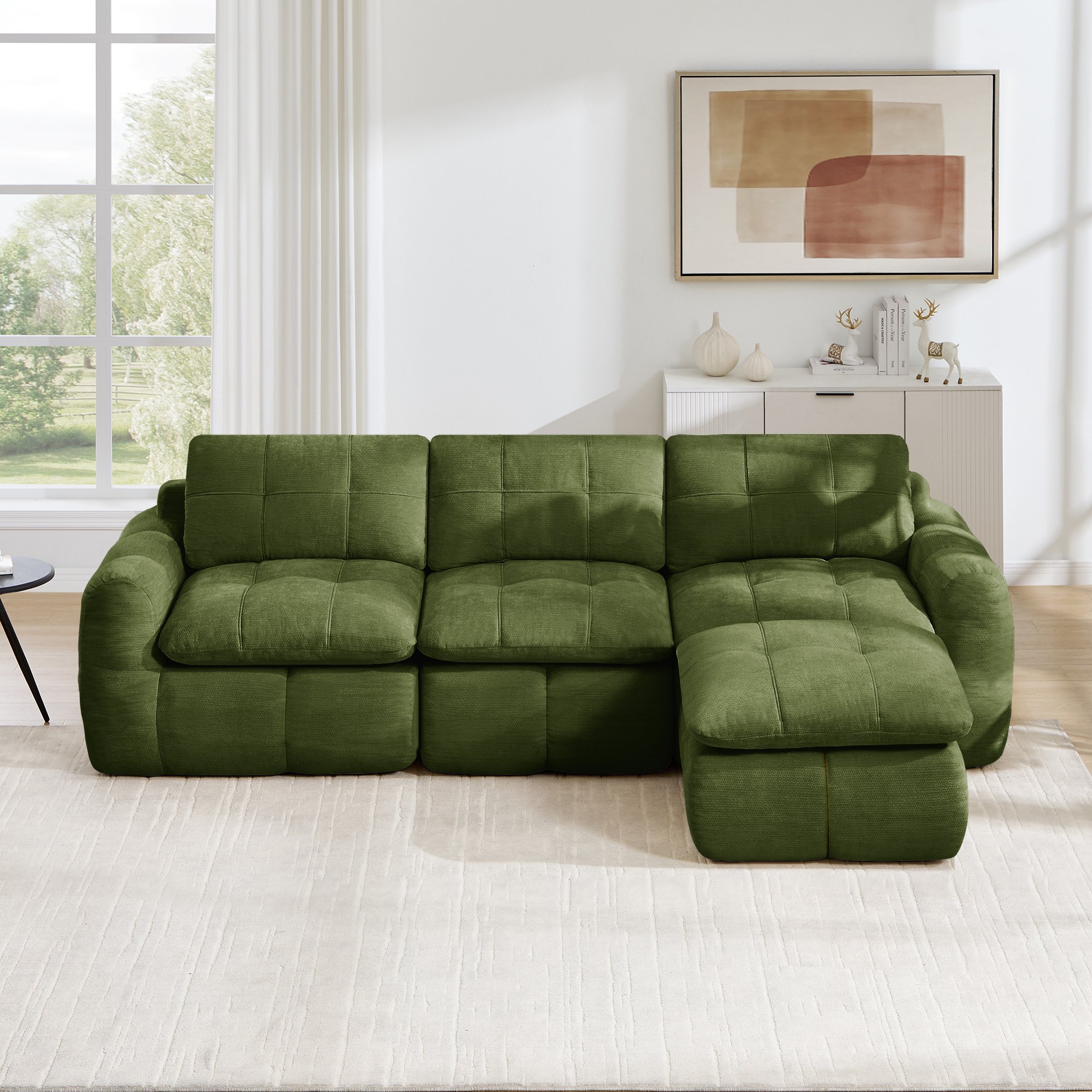 Canapé d'angle modulable 3 places vert en tissu chenille, structure sans cadre avec ottoman inclus, confort mousse haute densité pour salon et appartement