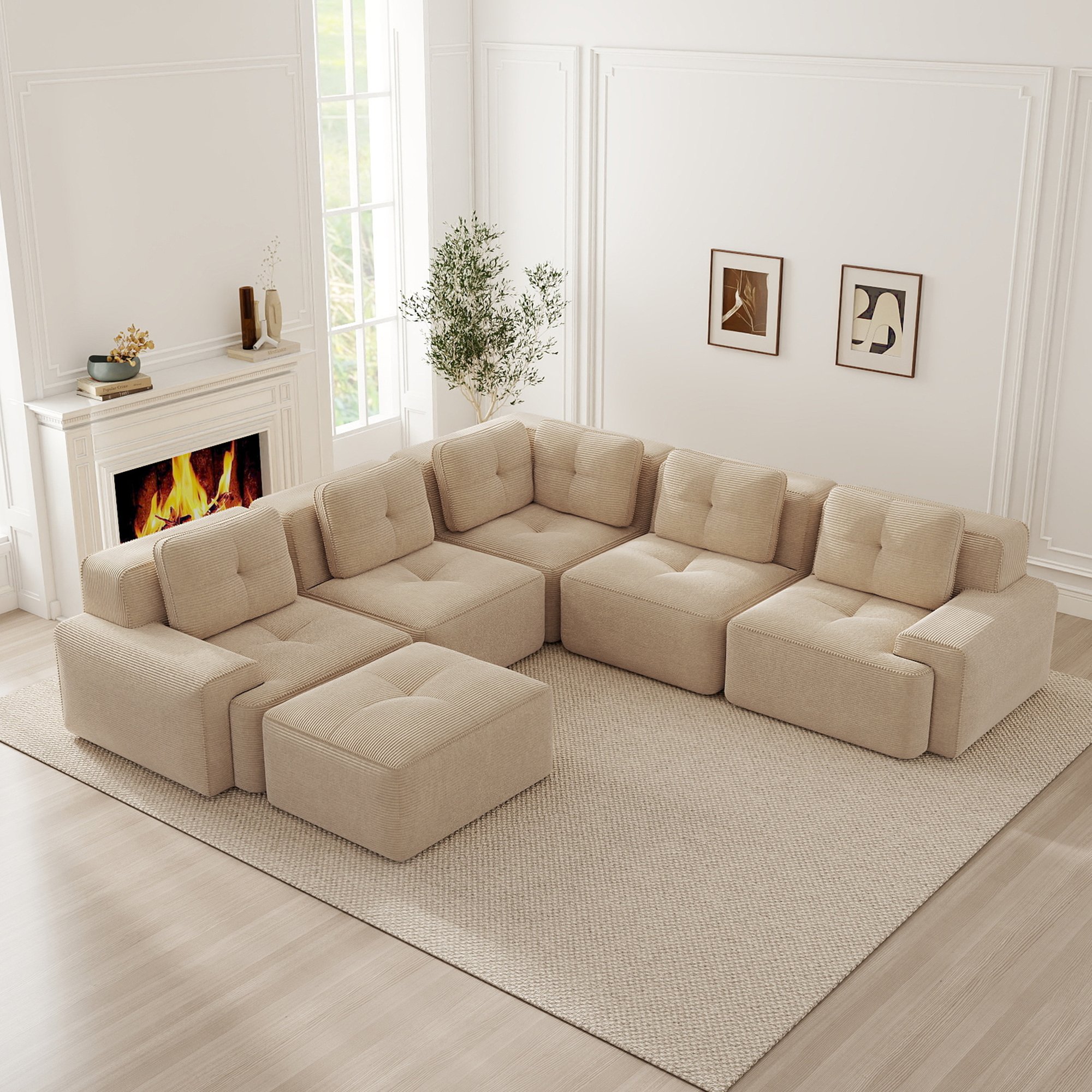 Canapé d'angle modulable sans cadre en corduroy beige, profondeur 74cm, mousse haute densité, aucune installation requise, style contemporain