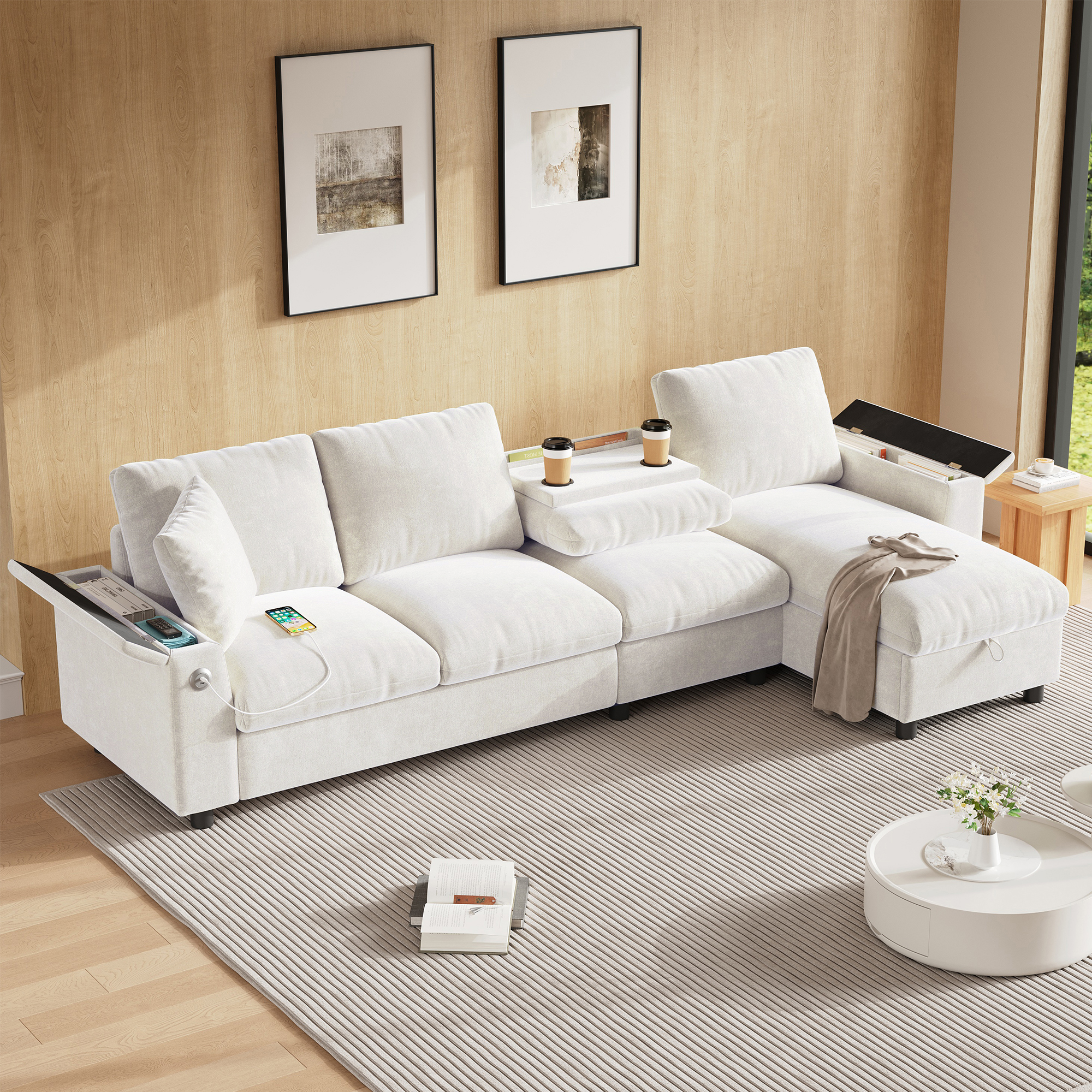 Canapé d'angle convertible en tissu chenille beige, structure métal et bois massif avec coffre