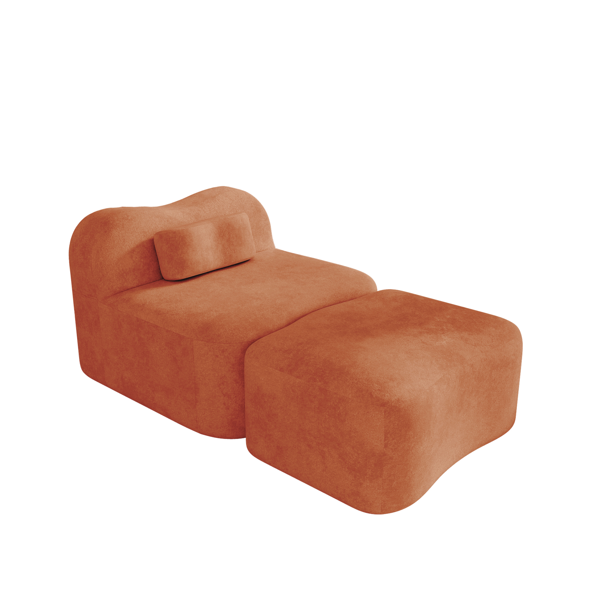Canapé droit orange en velours sans cadre, design ondulé avec ottoman, mousse 32D haute densité, coussin de dos mobile, idéal salon et chambre, 96x167x70 cm