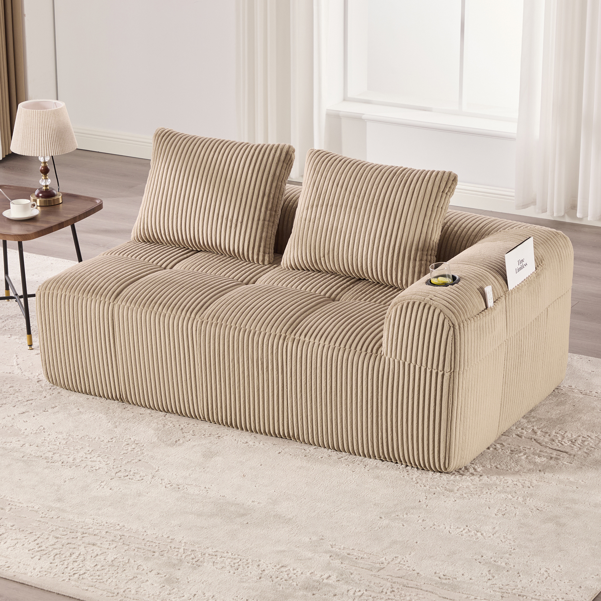 Canapé compact 2 places sans montage en velours côtelé kaki avec rangement latéral et porte-gobelets