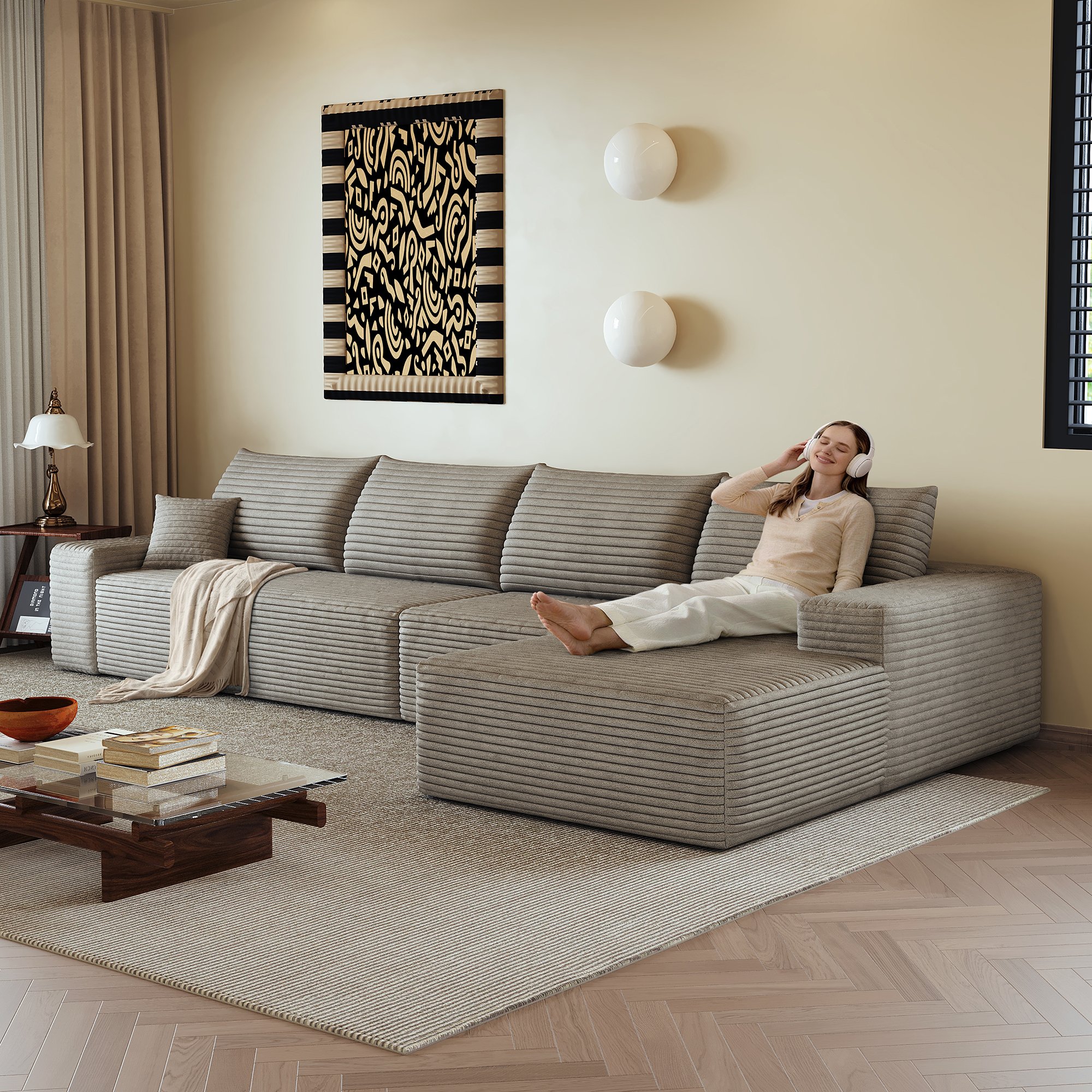 Grand canapé d'angle 340x175x83cm couleur camel, rembourrage mousse souple, installation rapide sans outils, idéal pour appartement