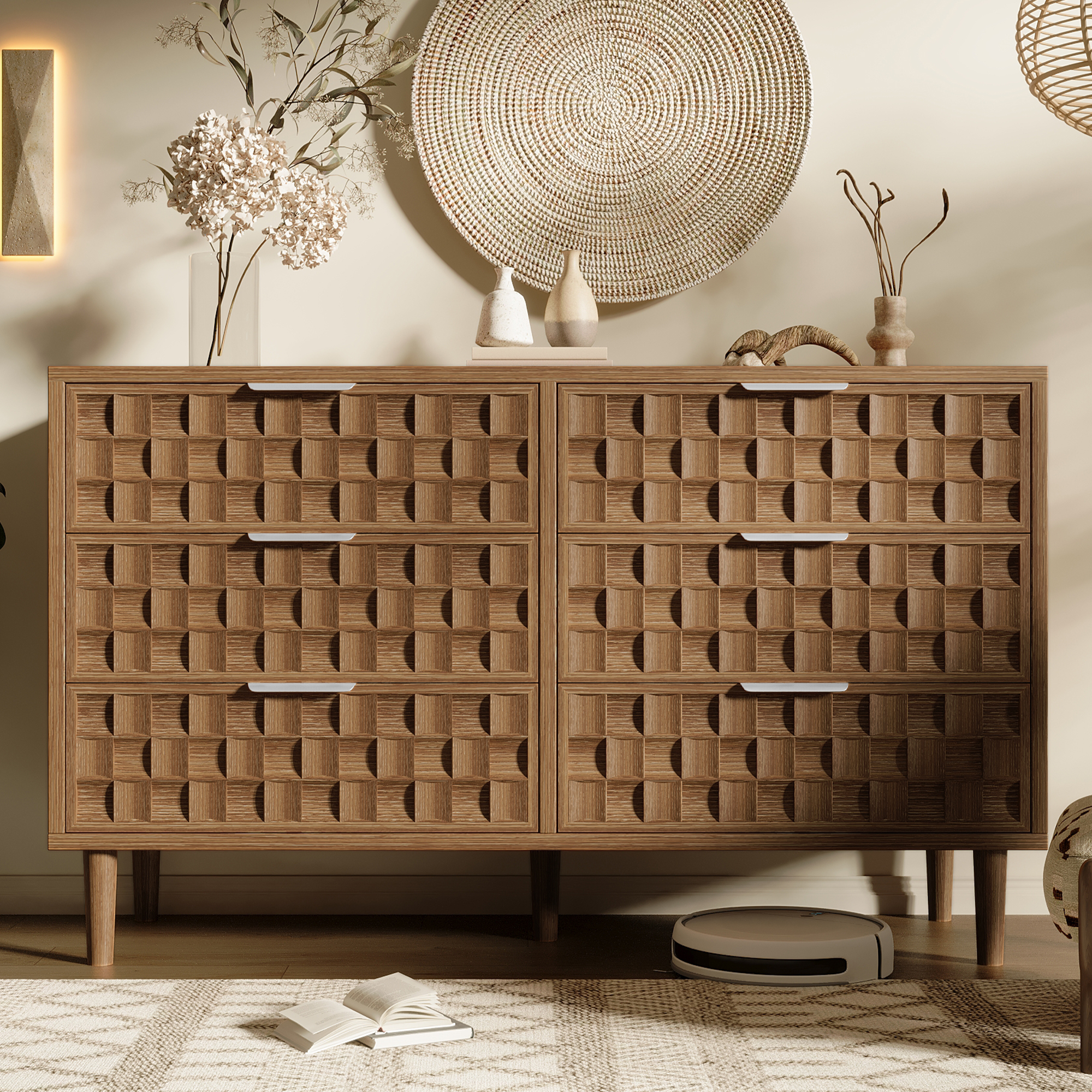 Buffet 6 Tiroirs Design Milieu Siècle, Meuble Rangement Bois Chêne Optique, 120x37x77 cm, Poignées Métal Courbé