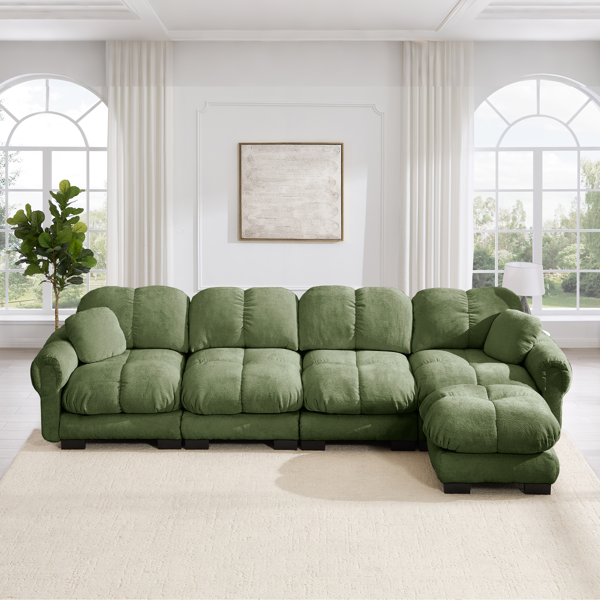 Canapé d'angle modulable 4 places avec ottomane mobile, dossier ergonomique et coussins matelassés antidérapants pour salon moderne