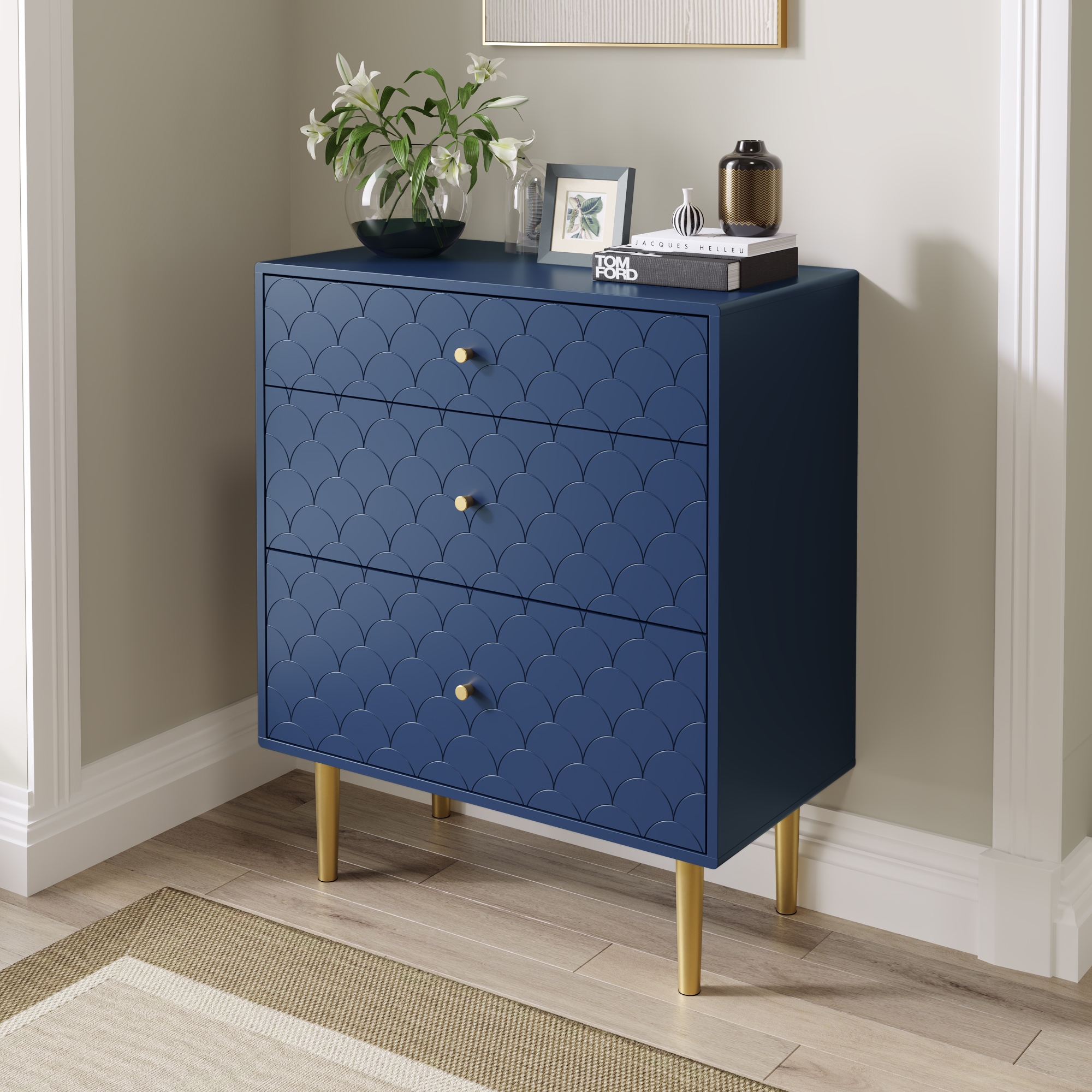 Buffet Moderne 3 Tiroirs Bleu Marine, Meuble Haut 89cm avec Pieds Métal 20cm, Rangement Chambre Salon Montage Facile