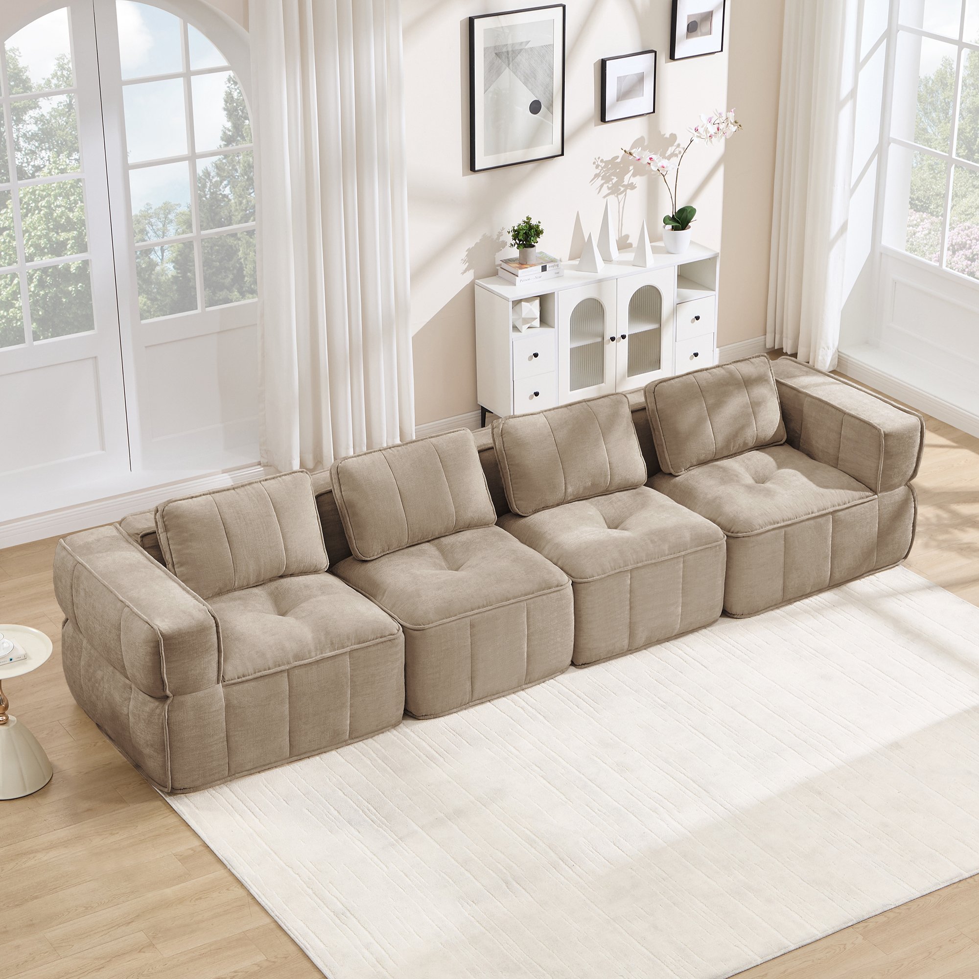 Canapé modulable sans cadre 4 places en mousse haute densité 32D, tissu polyester couleur sable, design contemporain pour salon, aucune installation requise