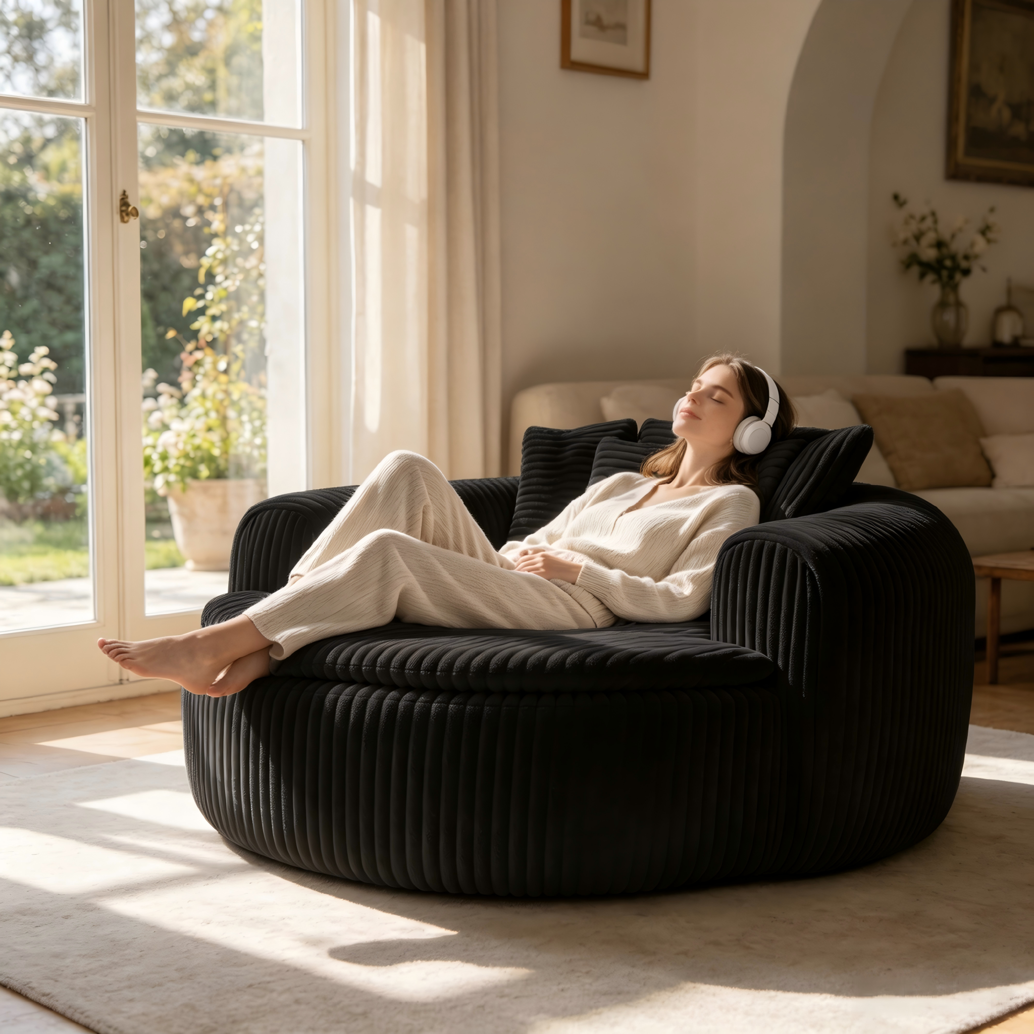 Fauteuil Lounge Profond Tissu Côtelé Noir Avec 5 Coussins Dossier Amovibles Confort Relaxant Lecture Salon Chambre