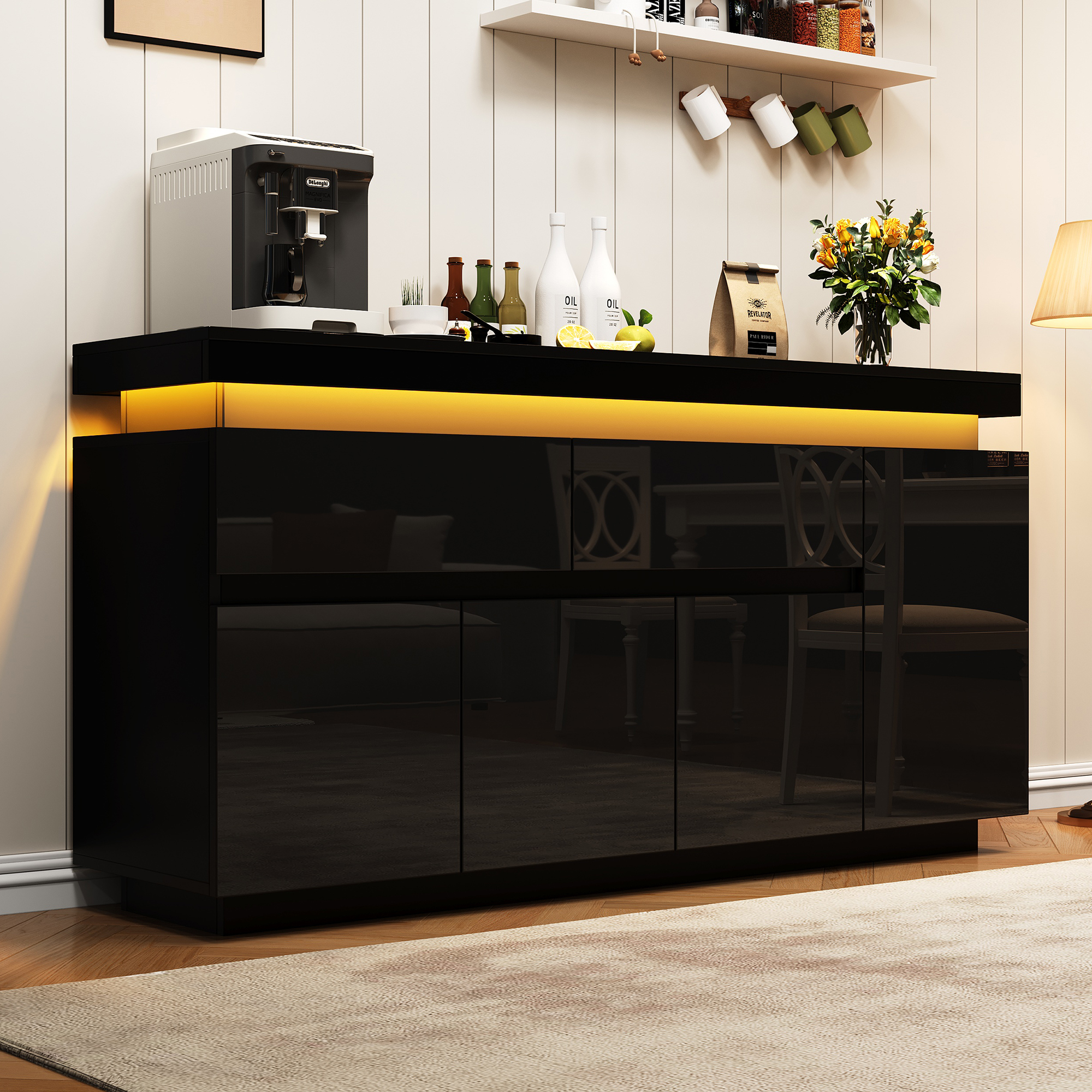 Buffet Noir Panneaux de Particules Haute Brillance, Meuble de Rangement avec 4 Portes, 2 Tiroirs et Étagères Réglables