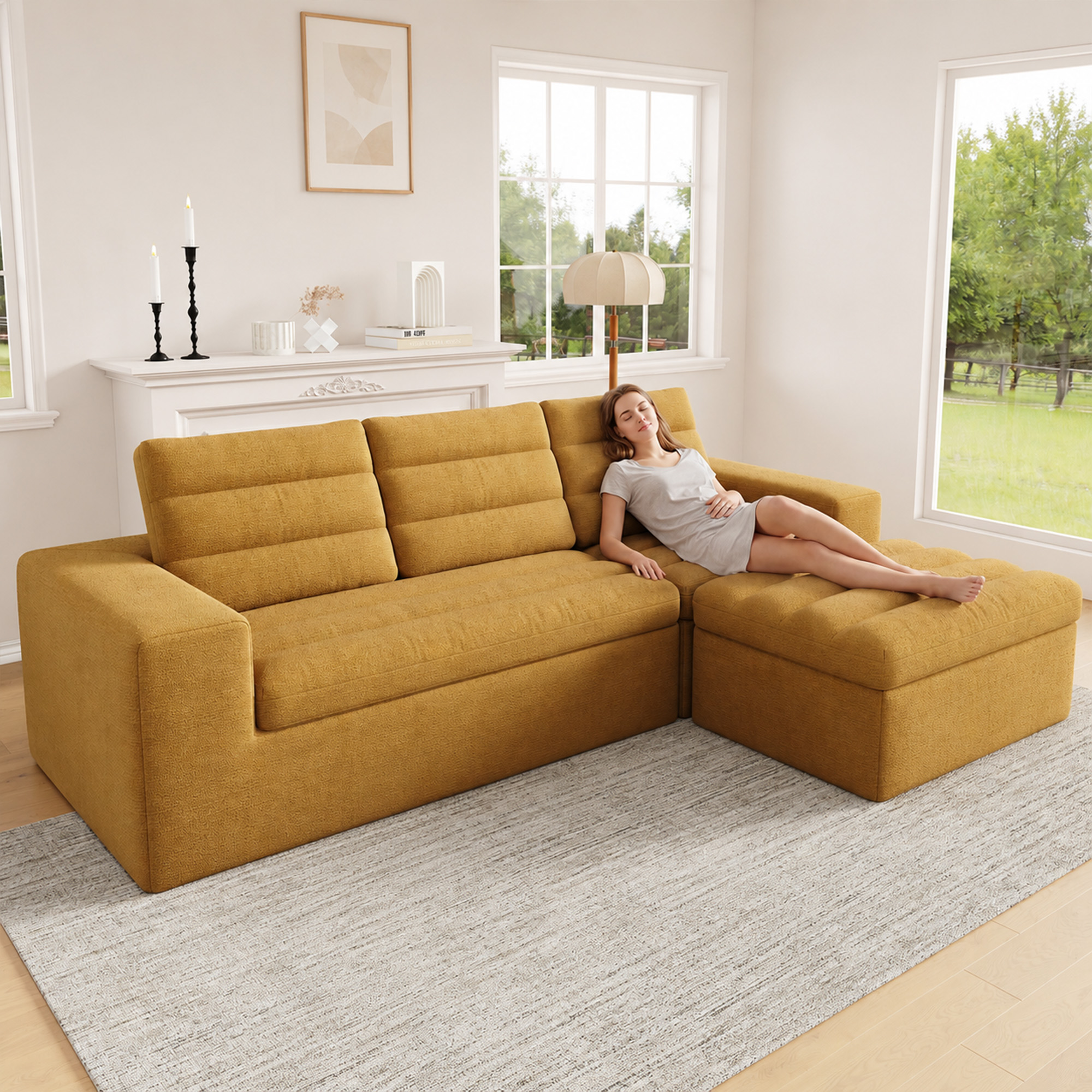 Canapé d'angle modulable 4 à 5 personnes en chenille orange, sans montage, 253x161x89 cm, avec hocker