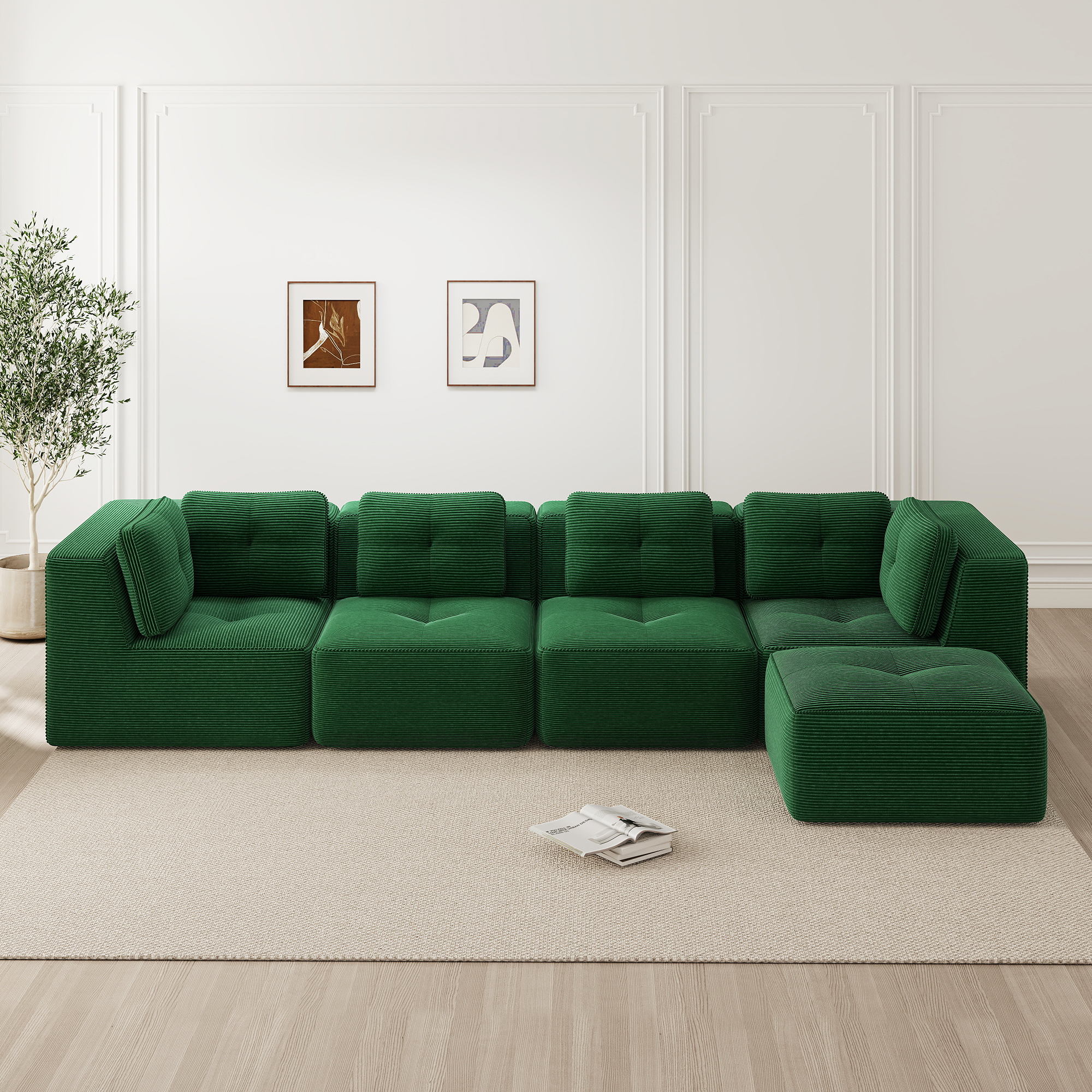 Canapé Modulable 4 Places Vert, Canapé d'Angle Profond en Tissu Côtelé, Confort Nuage et Structure Sans Cadre Rigide pour Salon Moderne