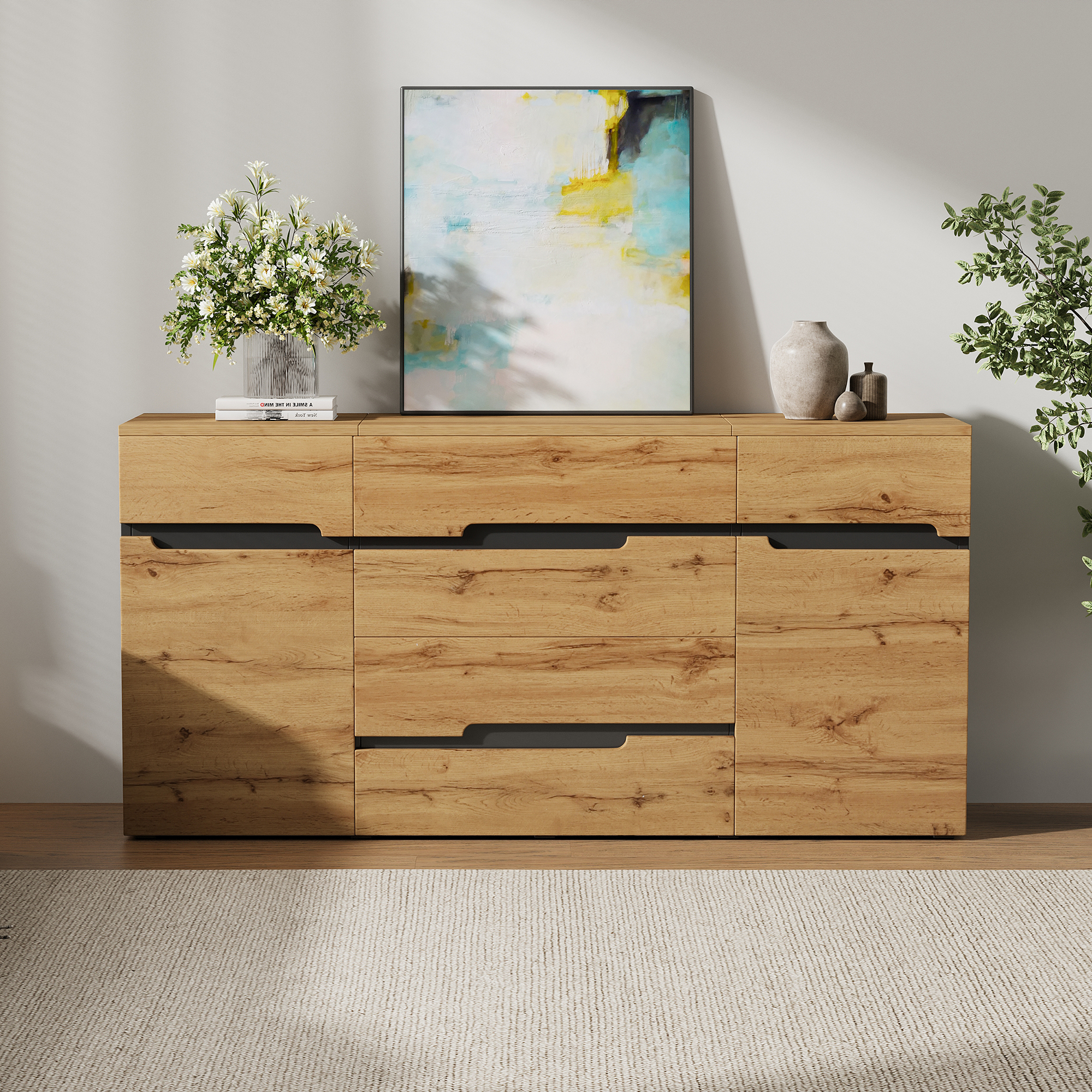 Buffet Moderne 160x40x80 cm avec 2 Portes et 4 Tiroirs, Meuble de Rangement Noir et Bois pour Salon