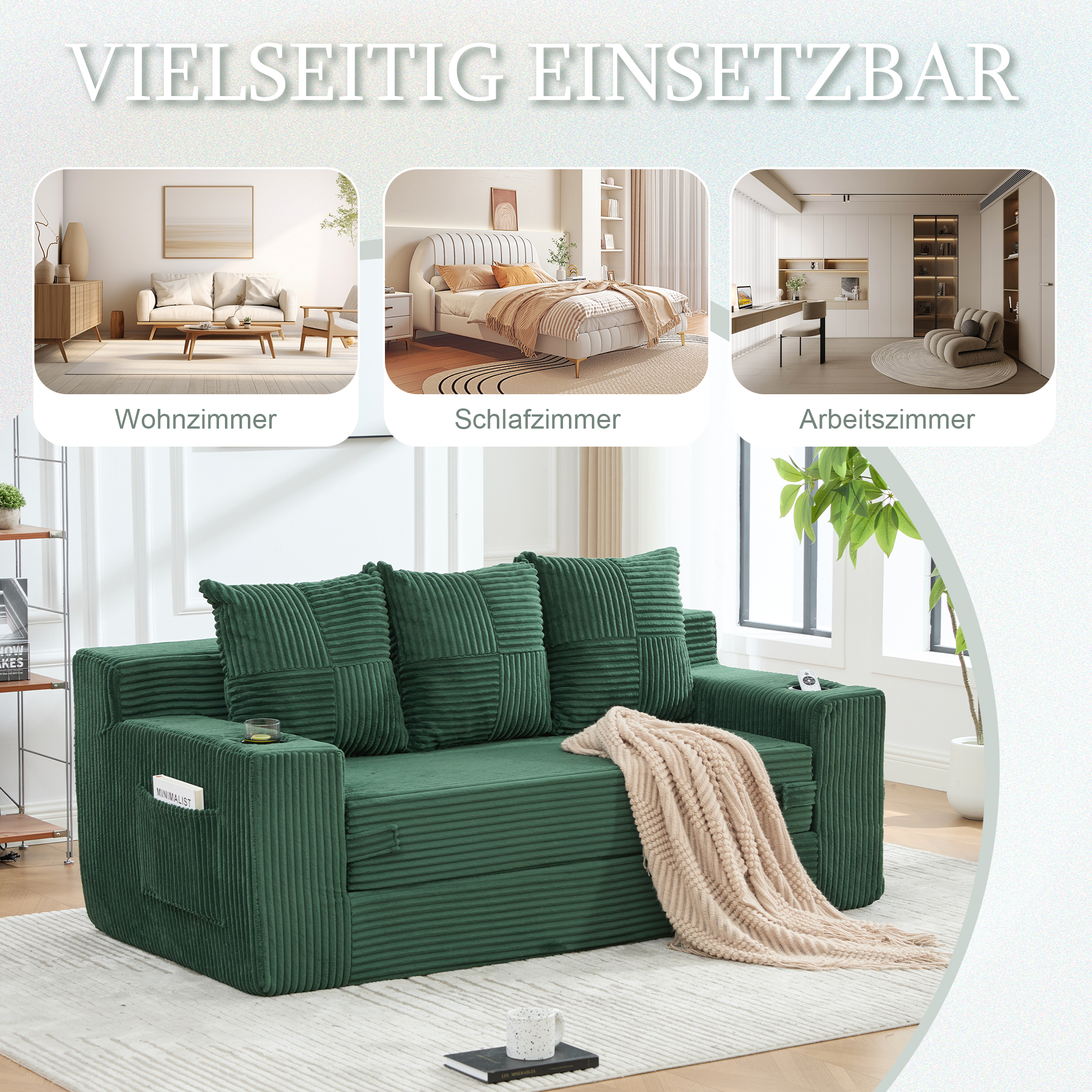 Canapé Modulable 2 Places Velours Côtelé Vert Émeraude Design Contemporain Avec Rangement Latéral Et Porte-Gobelets Intégrés