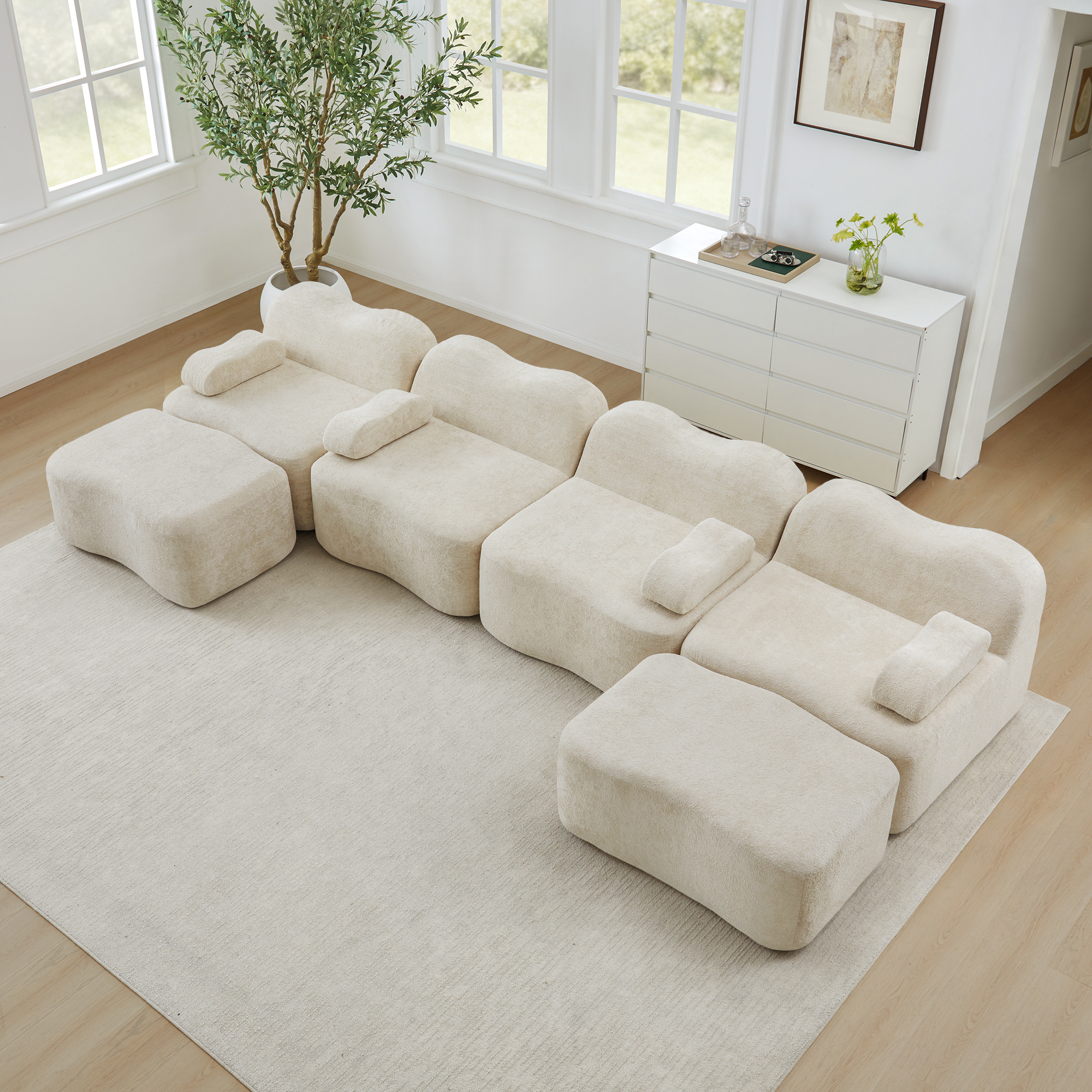 Canapé Modulable 4 Places En Velours Beige, Canapé Panoramique Sans Dossier Avec 2 Ottomans, Structure Flexible Pour Salon Moderne