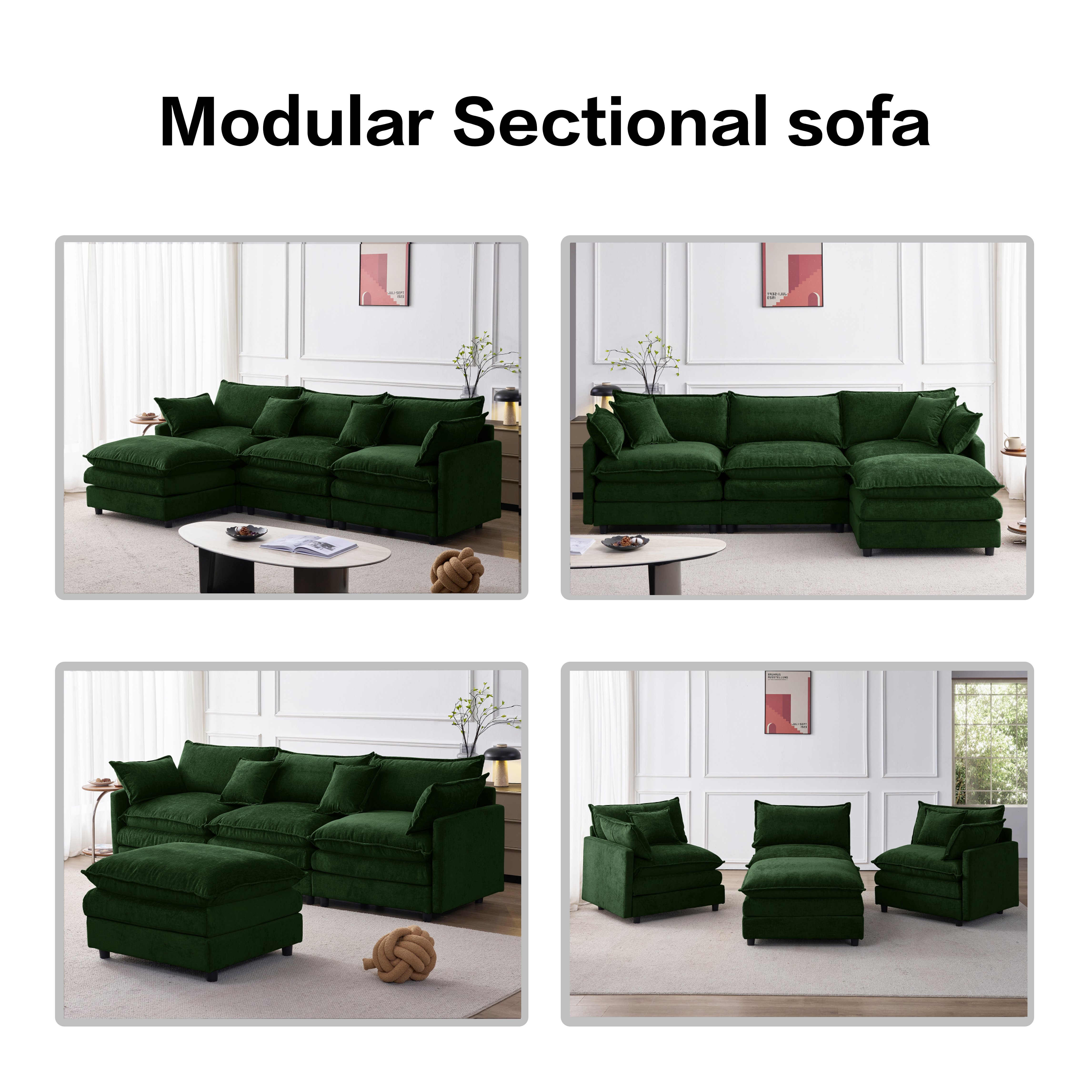 Canapé d'angle Modulable avec Méridienne, Repose-pieds Amovible pour Salon, Confort Rembourré Pocket Springs, Coussins Inclus