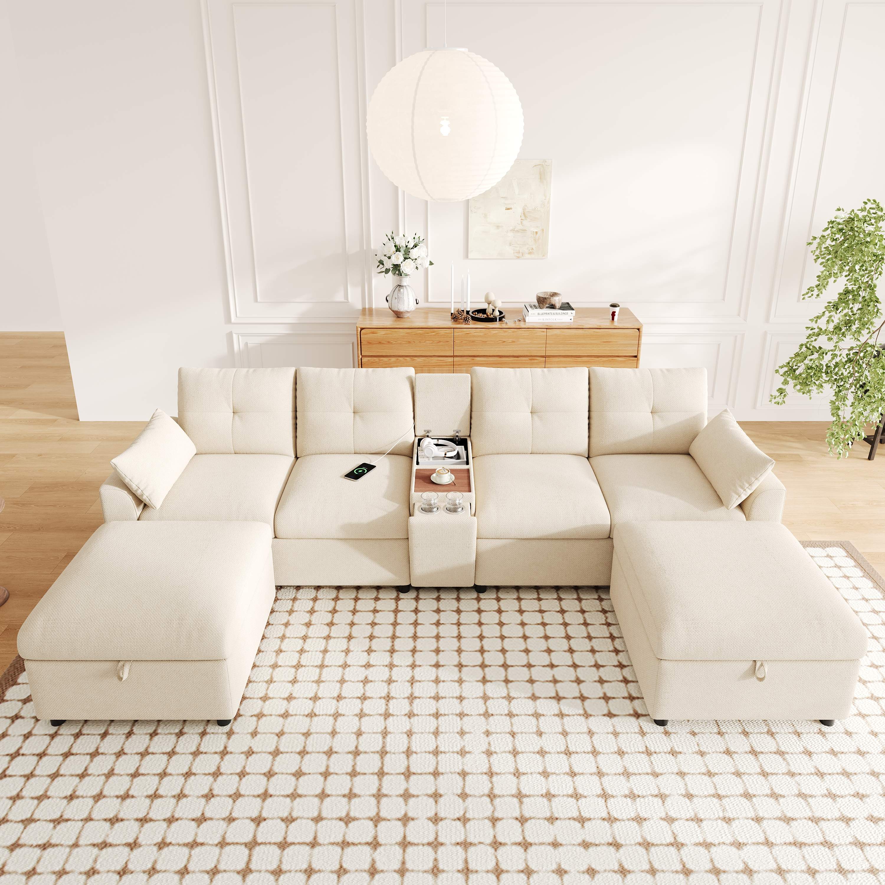 Grand canapé d'angle modulable beige chenille 6 places avec console multifonction USB, type-C et espace de stockage intégré