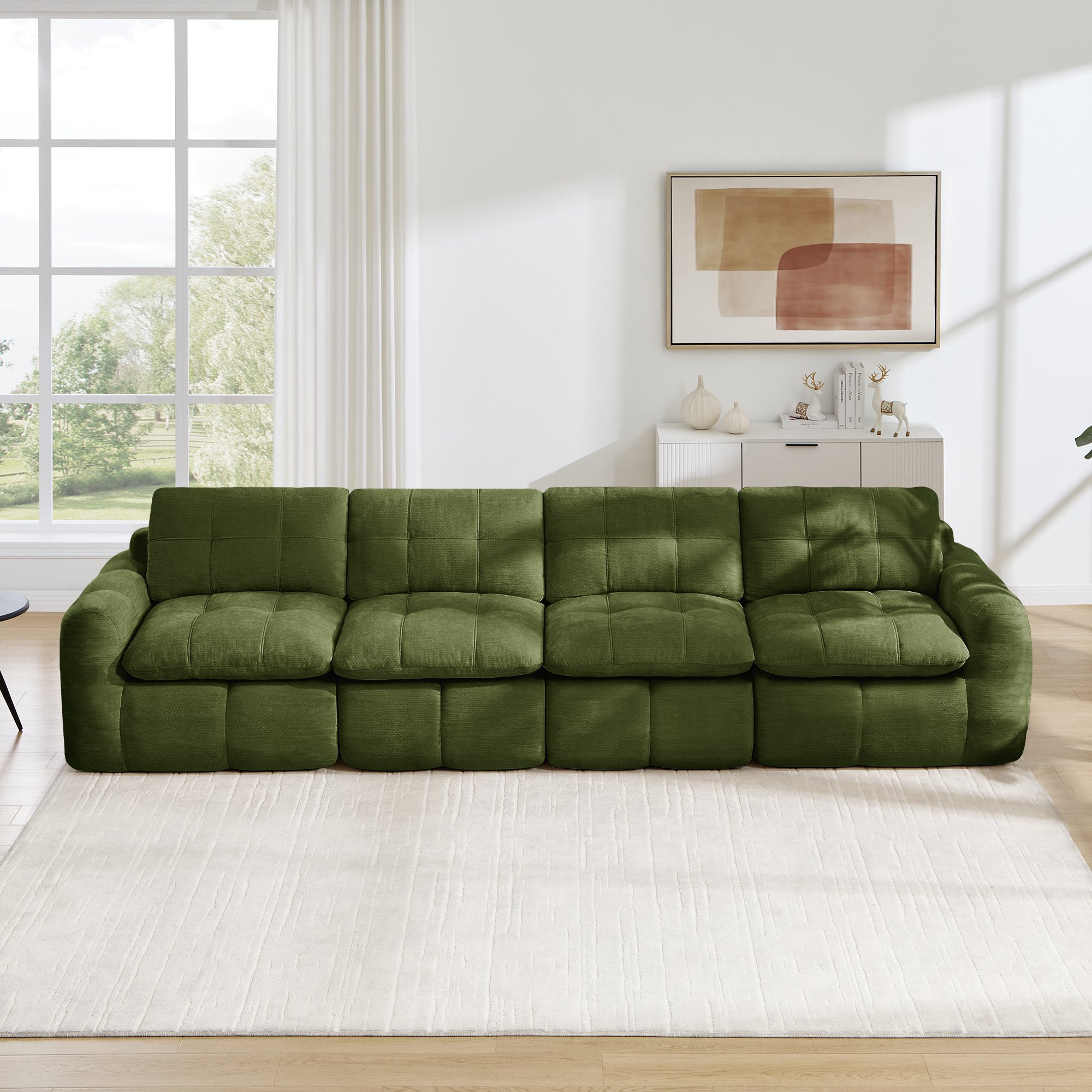 Canapé modulable sans cadre 4 places en chenille verte, mousse haute densité 32D, assise large et profonde, idéal salon moderne