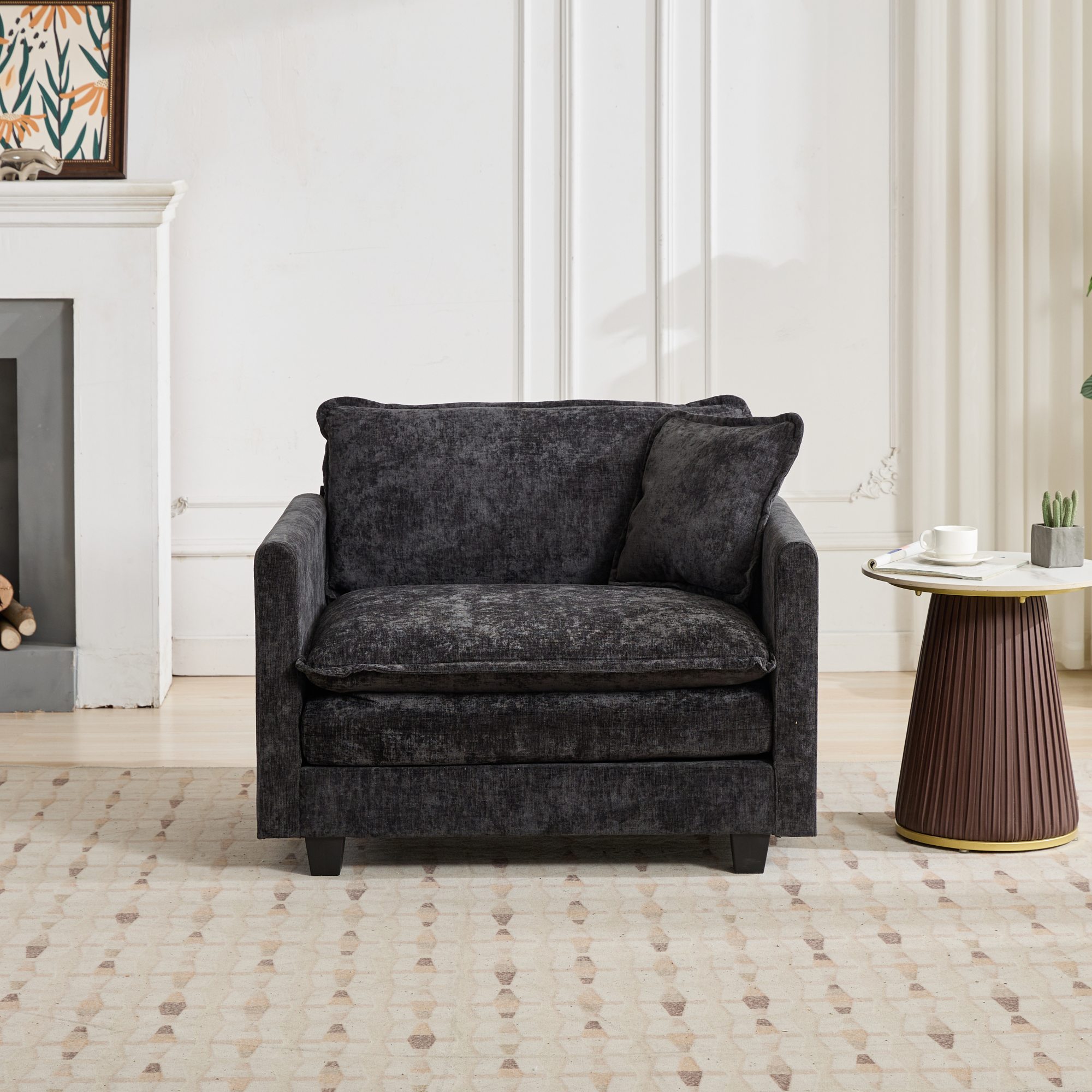 Canapé 1 place modulable en chenille noire pour appartement, coussin double couche et coussin de dossier