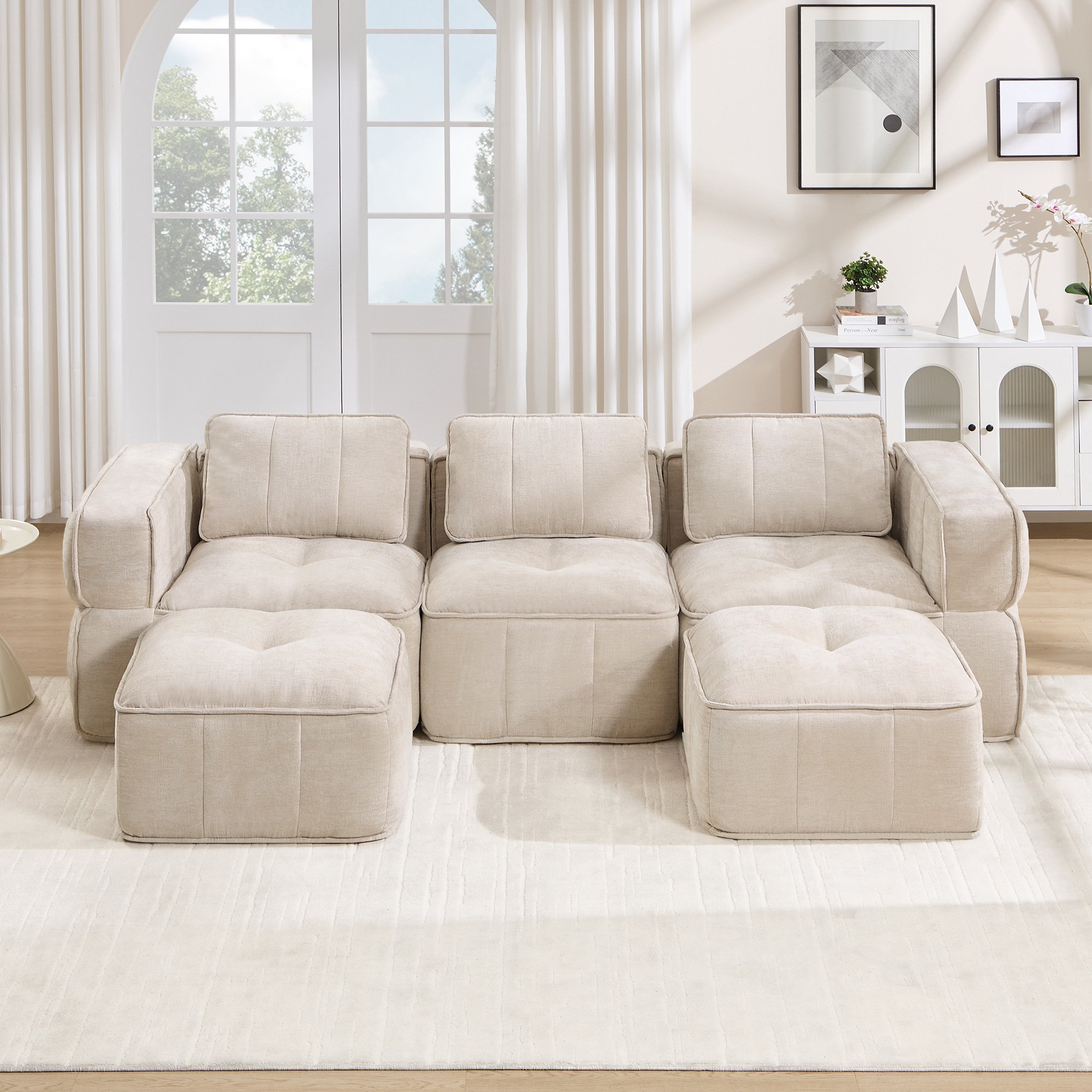 Canapé modulable 3 places beige sans structure, tissu polyester doux, assise profonde avec 2 poufs, idéal salon moderne, aucune installation requise.