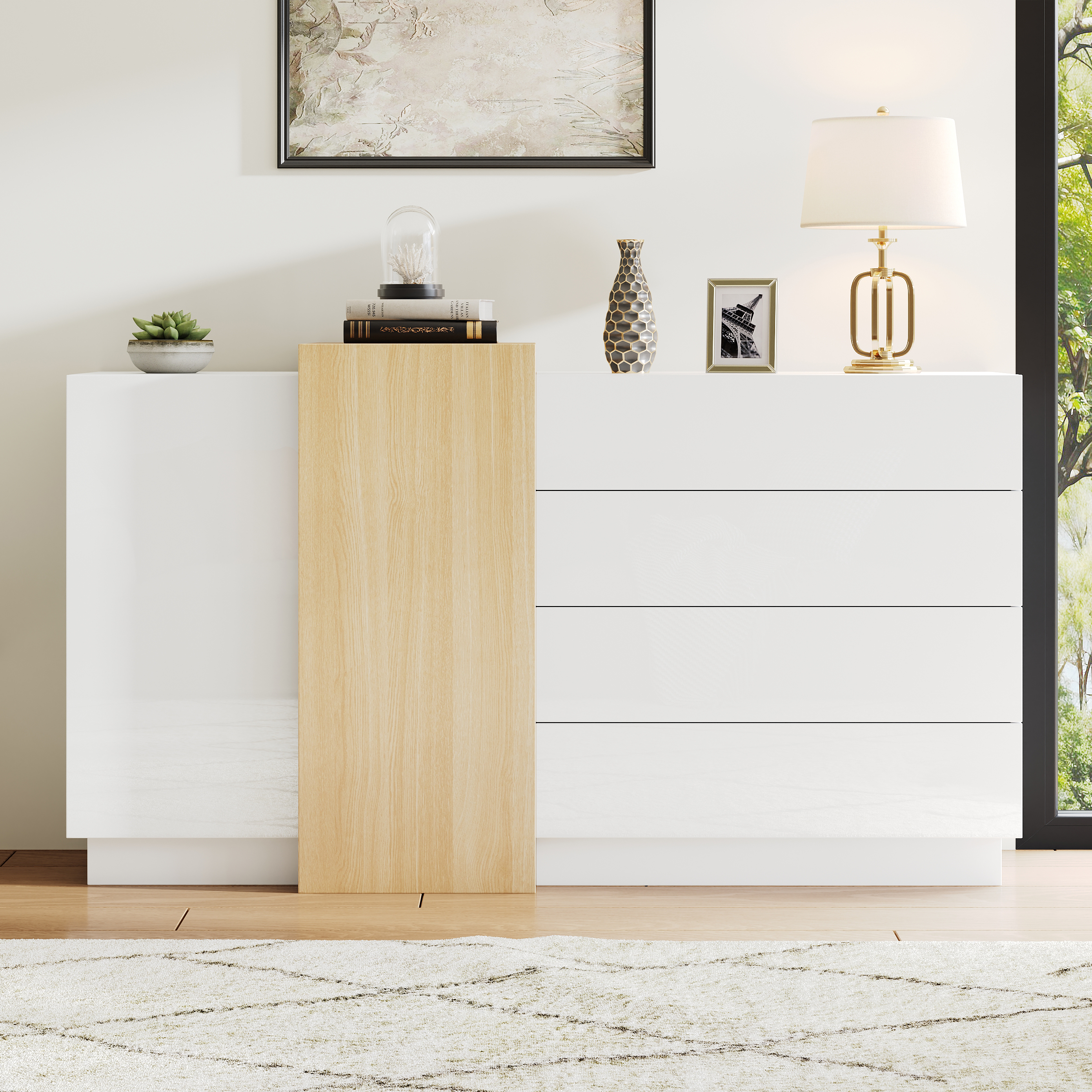 Buffet Étroit 140x35x76,5 cm, Meuble Rangement Minimaliste Avec 4 Tiroirs Et 2 Portes Pour Petit Espace