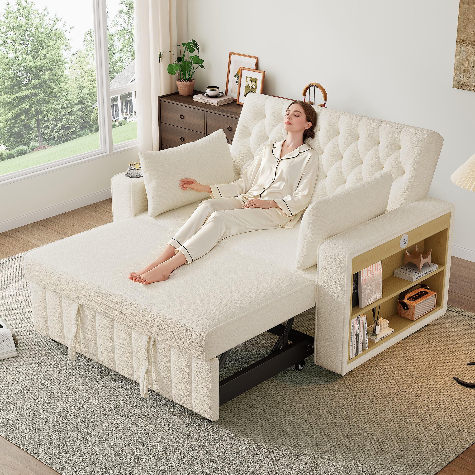Lit rembourré avec rangement et couchage 2 places, port USB et dossier réglable 3 positions beige