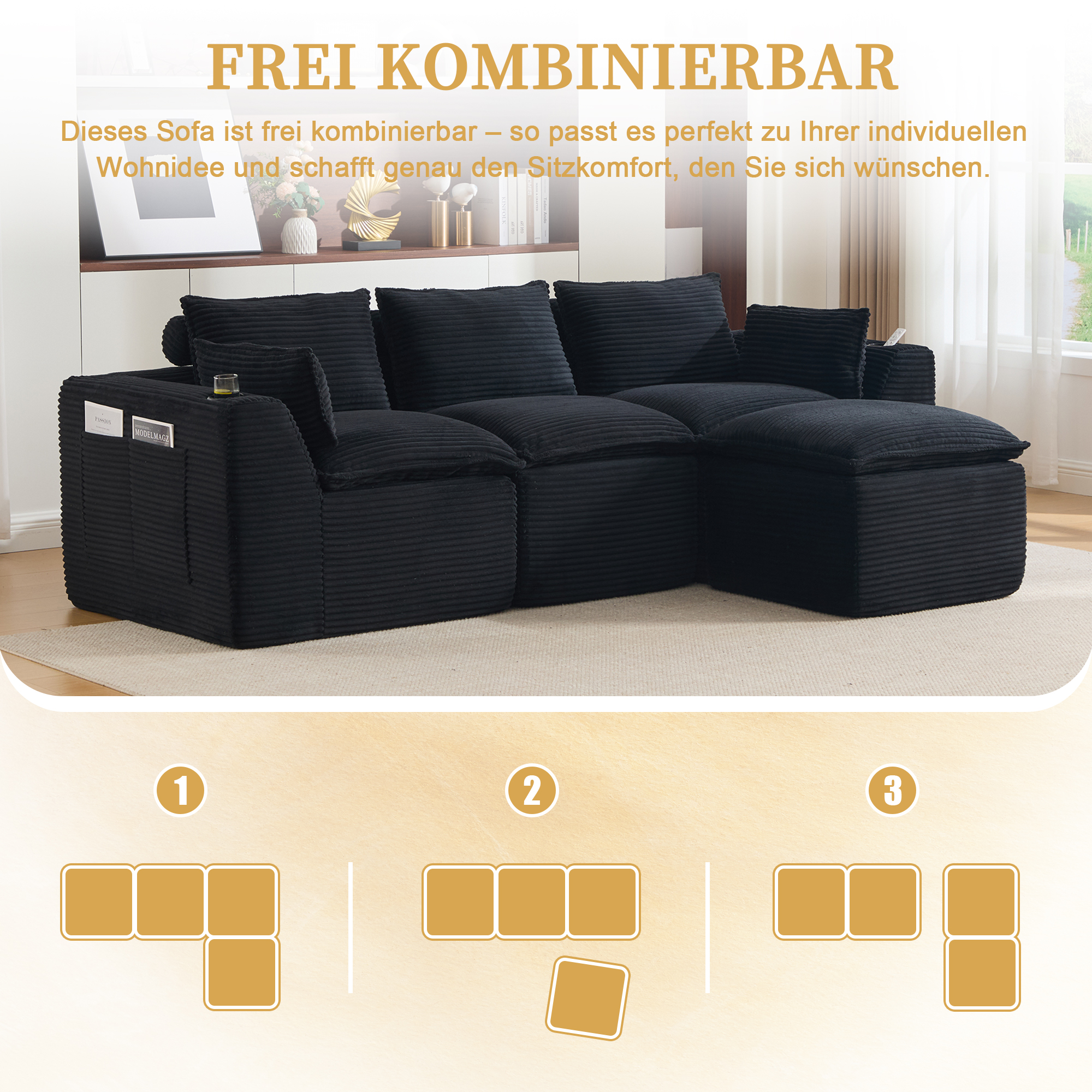 Canapé modulable 3 places en velours côtelé noir avec pouf et coussins inclus pour salon et séjour
